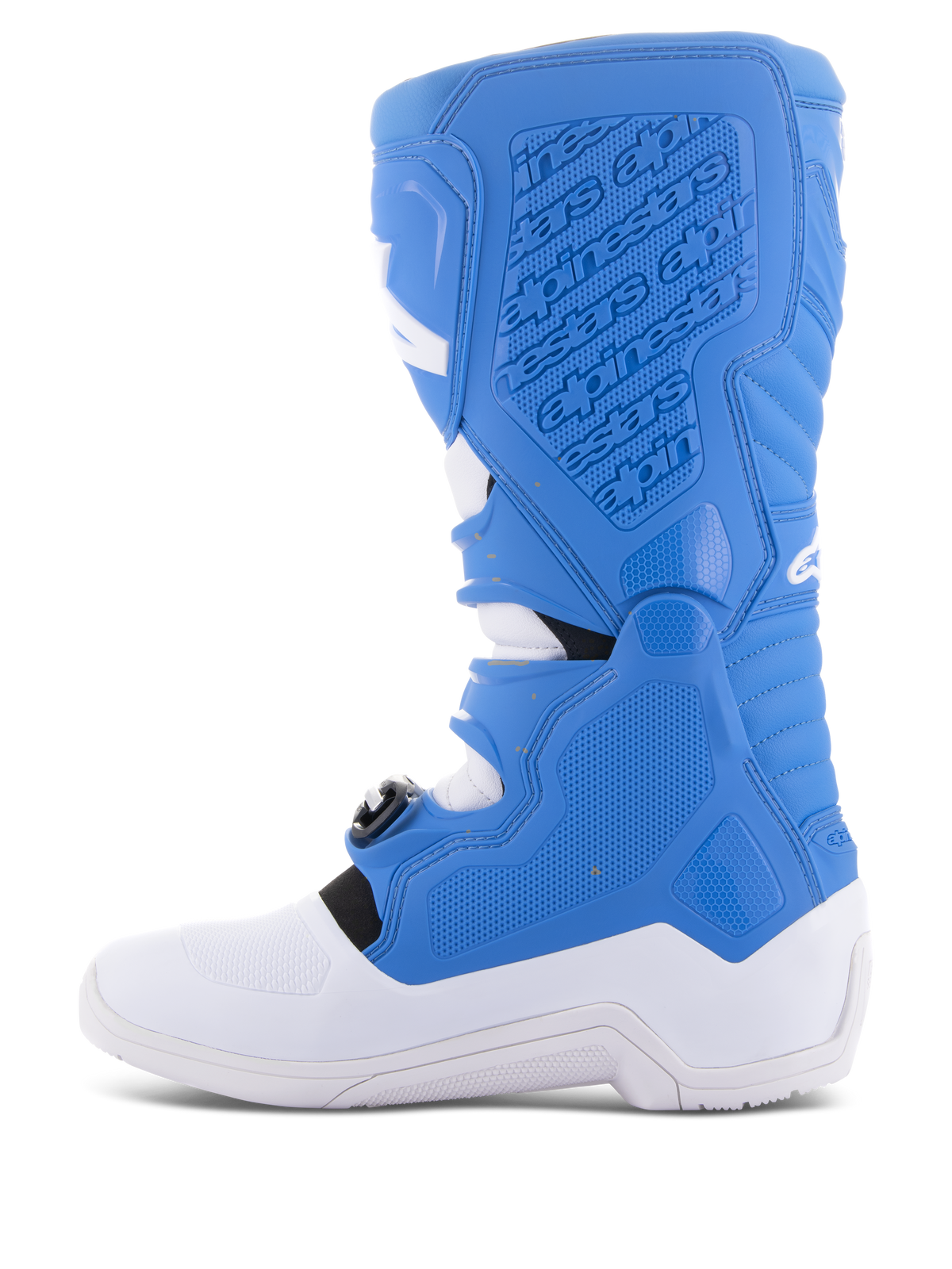 Alpinestars Tech 5 laarzen, motorcross laarzen, blauw en wit, zijprofiel met mediale zijde voorzien van reliëf branding, getextureerde gripvlakken en duurzame witte zool voor off-road bescherming