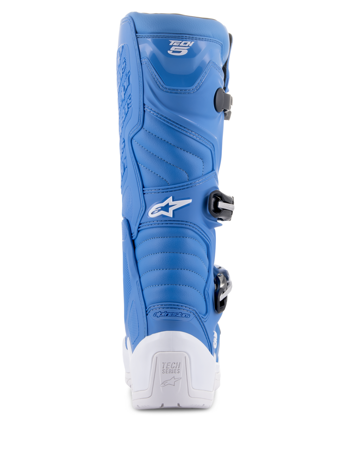 Alpinestars Tech 5 laarzen, blauw en wit, achteraanzicht met de witte beschermende hiel met Tech Series-logo, blauw microfiber bovenwerk met accordeon flexzones en zwart gespsysteem, hoogwaardig motorcross-schoeisel