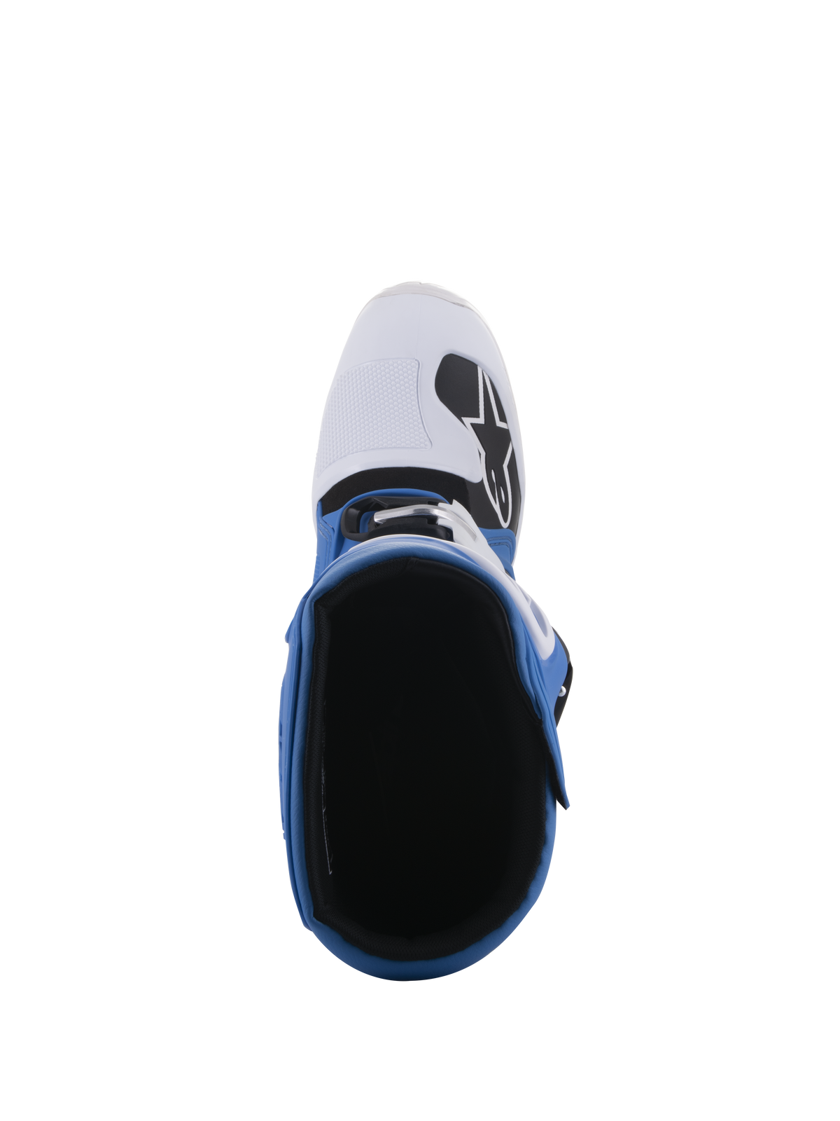 Alpinestars Tech 5 laarzen, blauw en wit, bovenaanzicht met zicht op de binnenvoering en witte neus met zwart logo, constructie uit meerdere panelen voor off-road en motorcross