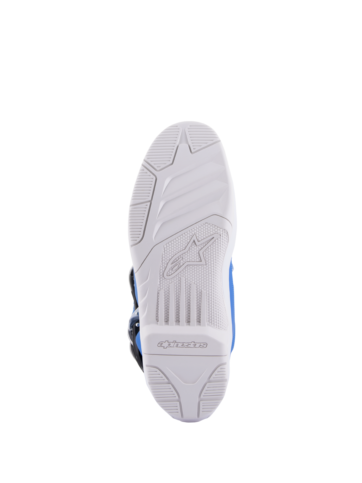 Alpinestars Tech 5 laarzen, motorcrosslaarzen, blauw en wit, zoolaanzicht met witte rubberen buitenzool voorzien van Alpinestars-logo in reliëf en getextureerd grippatroon, duurzame constructie voor off-road rijden