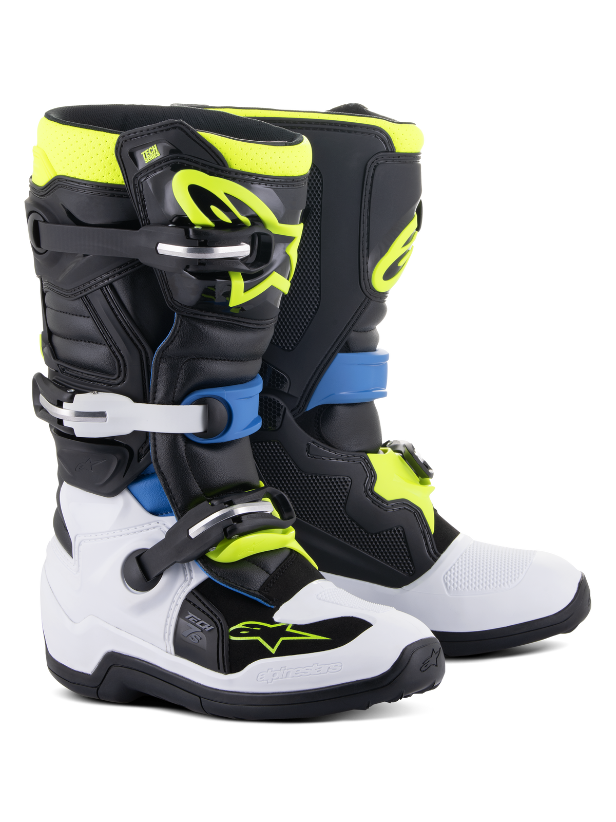 Alpinestars Youth Tech 7S Boots, motorcrosslaarzen, zwart, blauw, fluogeel en wit, voorzien van stevige gespsluitingen, TPU-scheenplaten en een flexibel draaisysteem voor junior off-road prestaties.