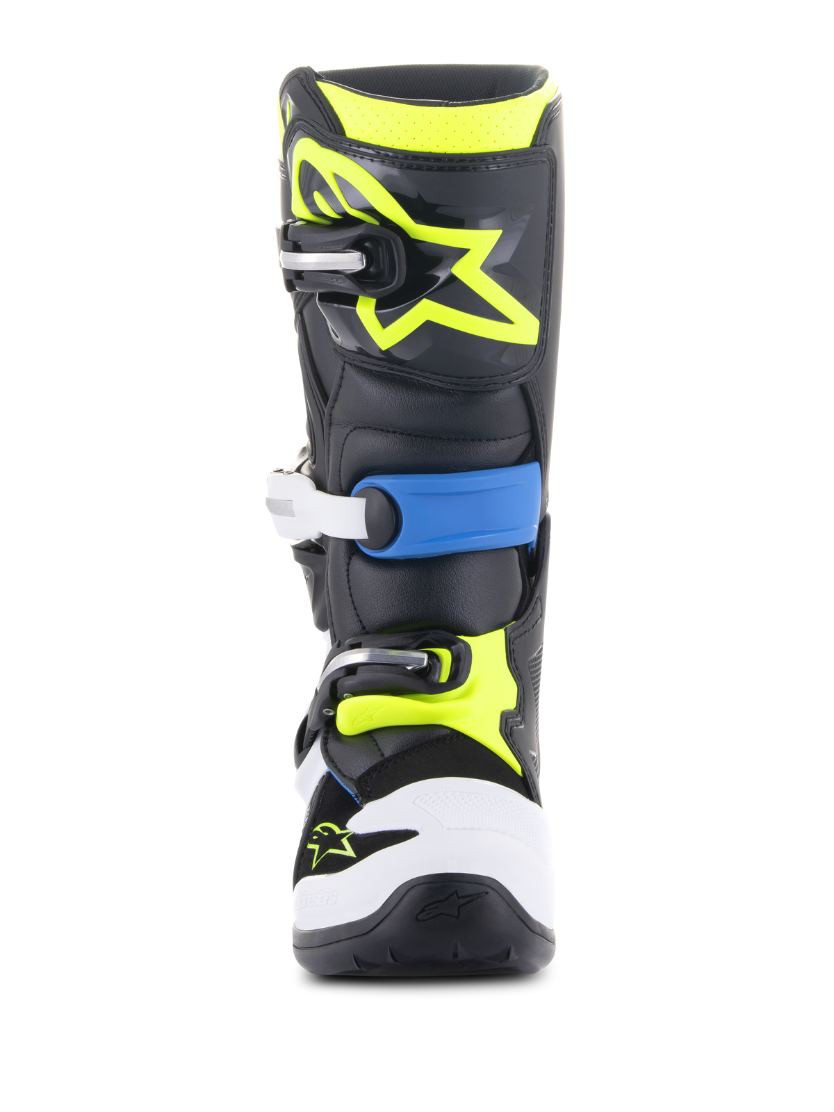 Alpinestars Youth Tech 7S laarzen, motocrosslaarzen, zwart, Enamel Blue en fluorescerend geel, vooraanzicht met een duurzaam sluitsysteem met meerdere gespen, witte teenbeschermer en opvallend fluorescerend geel Alpinestars-logo op de scheenplaat