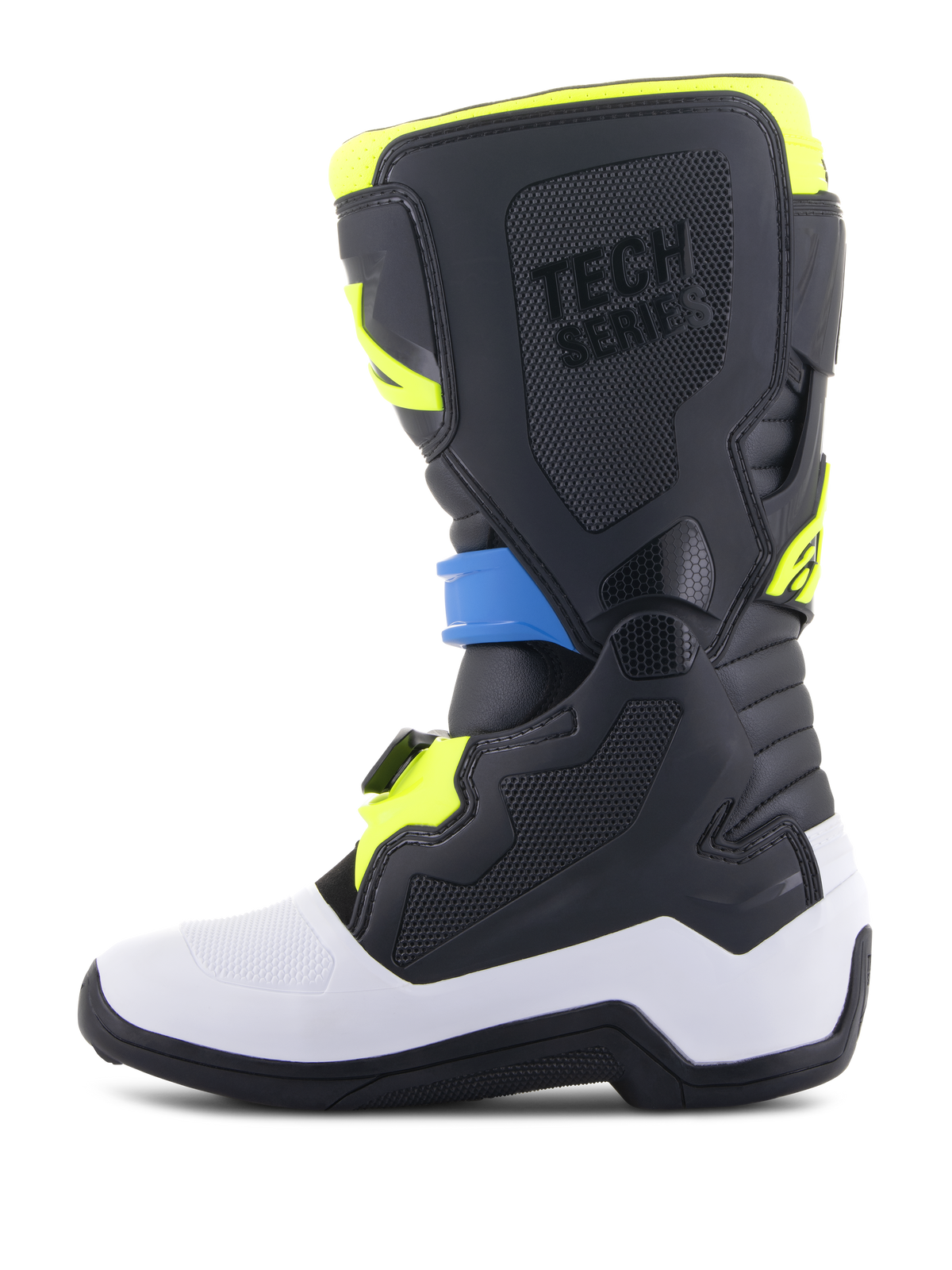 Alpinestars Youth Tech 7S laarzen, motocrosslaarzen, zwart, enamel blauw en fluogeel, voorzien van een witte onderschaal, beschermende zwarte TPU-panelen met 'TECH SERIES' branding en een stevig gespsysteem, ontworpen voor jeugdrijders.