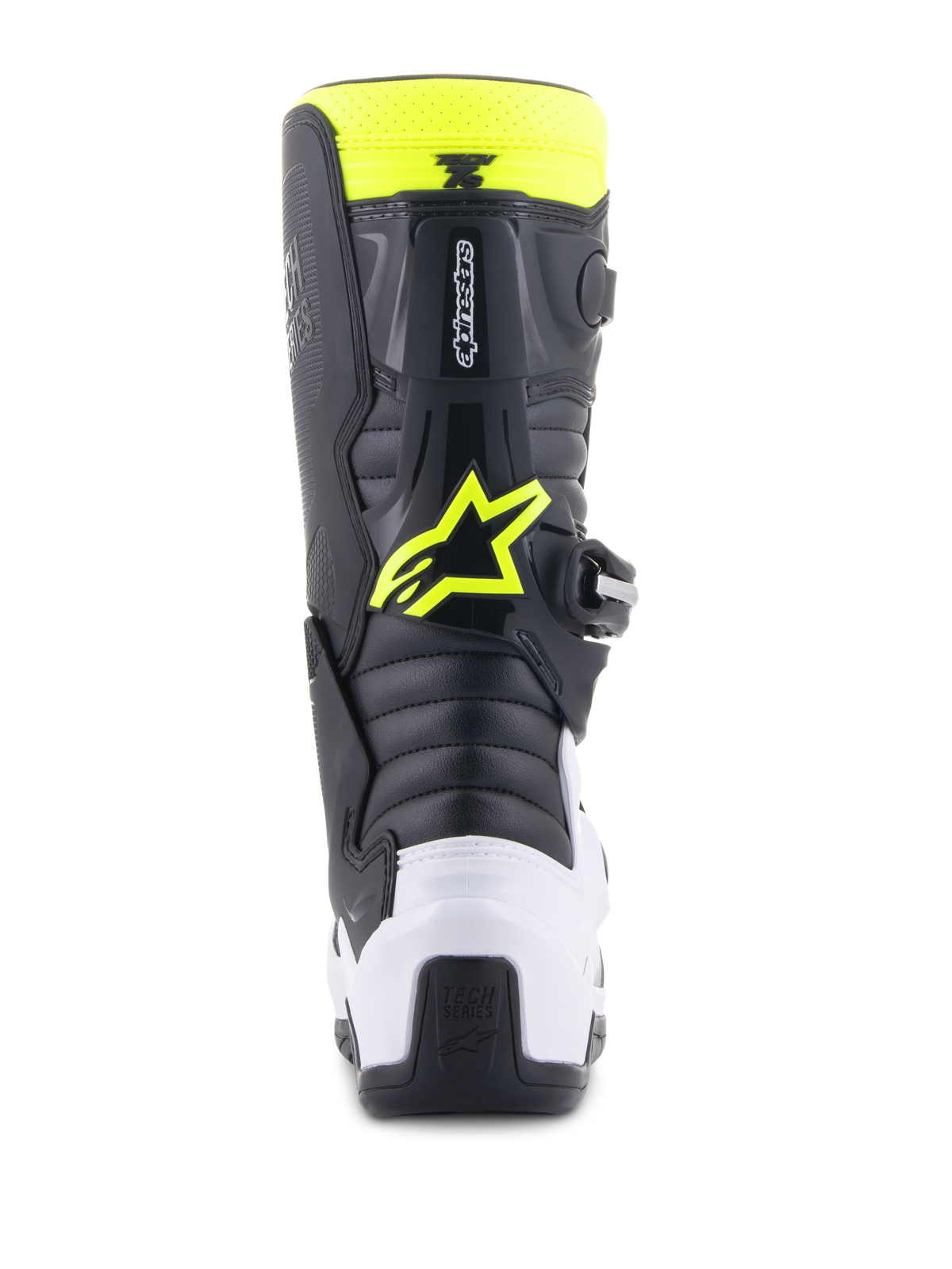 Alpinestars Youth Tech 7S laarzen, motorcrosslaarzen, zwart, wit en geel fluo, achteraanzicht met een witte hielbeschermer en neongeel Alpinestars-logo, duurzaam off-road schoeisel voor junior rijders