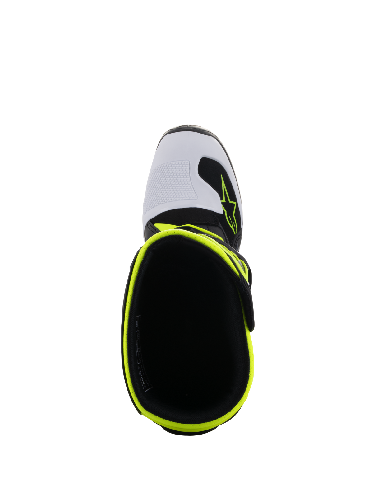 Alpinestars Youth Tech 7S laarzen, motorcrosslaarzen, zwart, wit en fluogeel, bovenaanzicht met de opening aan de bovenkant en de fluorescerende gele rand, witte neus met Alpinestars-logo, hoogwaardig beschermend schoeisel voor jongeren