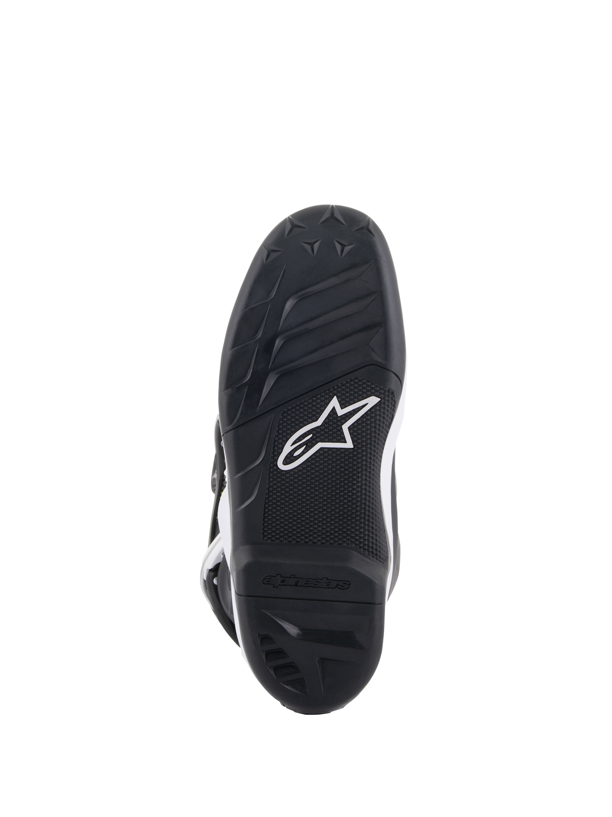 Alpinestars Youth Tech 7S Laarzen, onderaanzicht van de zool, zwart rubber met gestructureerd grippatroon en wit Alpinestars-logo, duurzame compound-constructie voor jeugd motorcross.