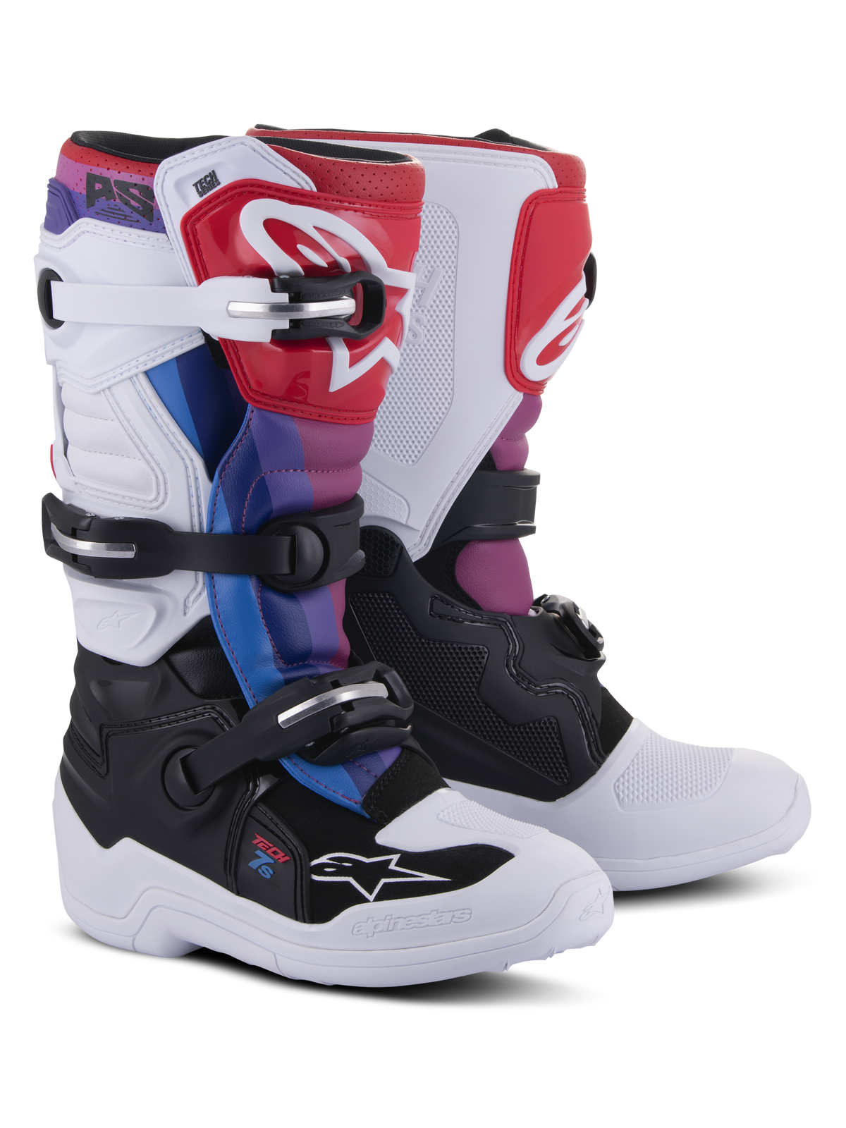 Alpinestars Youth Tech 7S laarzen, motorcross laarzen, White Black Rainbow, met een witte en zwarte basis met rode, blauwe en paarse accenten, sluitsysteem met meerdere gespen en beschermende scheenplaat voor off-road racen