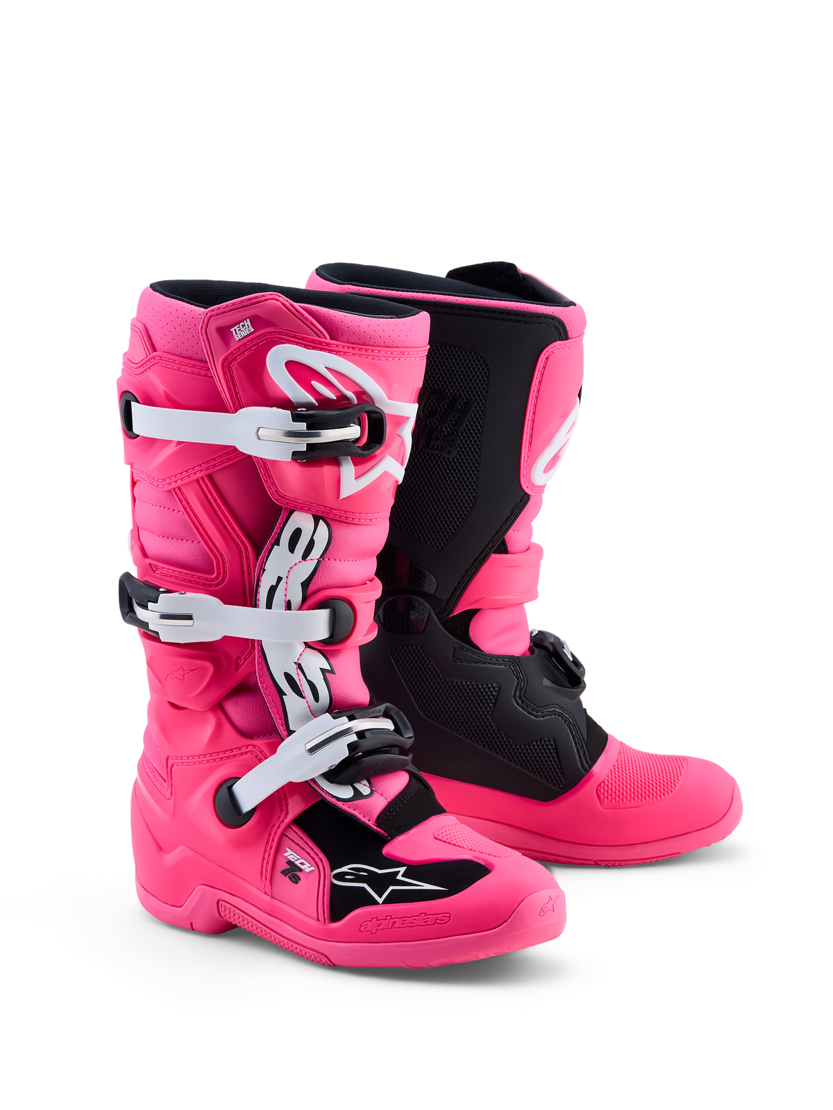 Alpinestars Jeugd Tech 7S laarzen, roze en zwarte motocrosslaarzen met TPU-bescherming, CE-gecertificeerd.