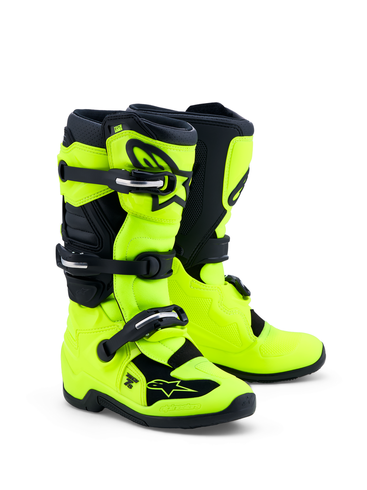 Alpinestars Jeugd Tech 7S motocrosslaarzen in fluogeel en zwart met TPU-bescherming en draaisysteem voor juniorrijders.