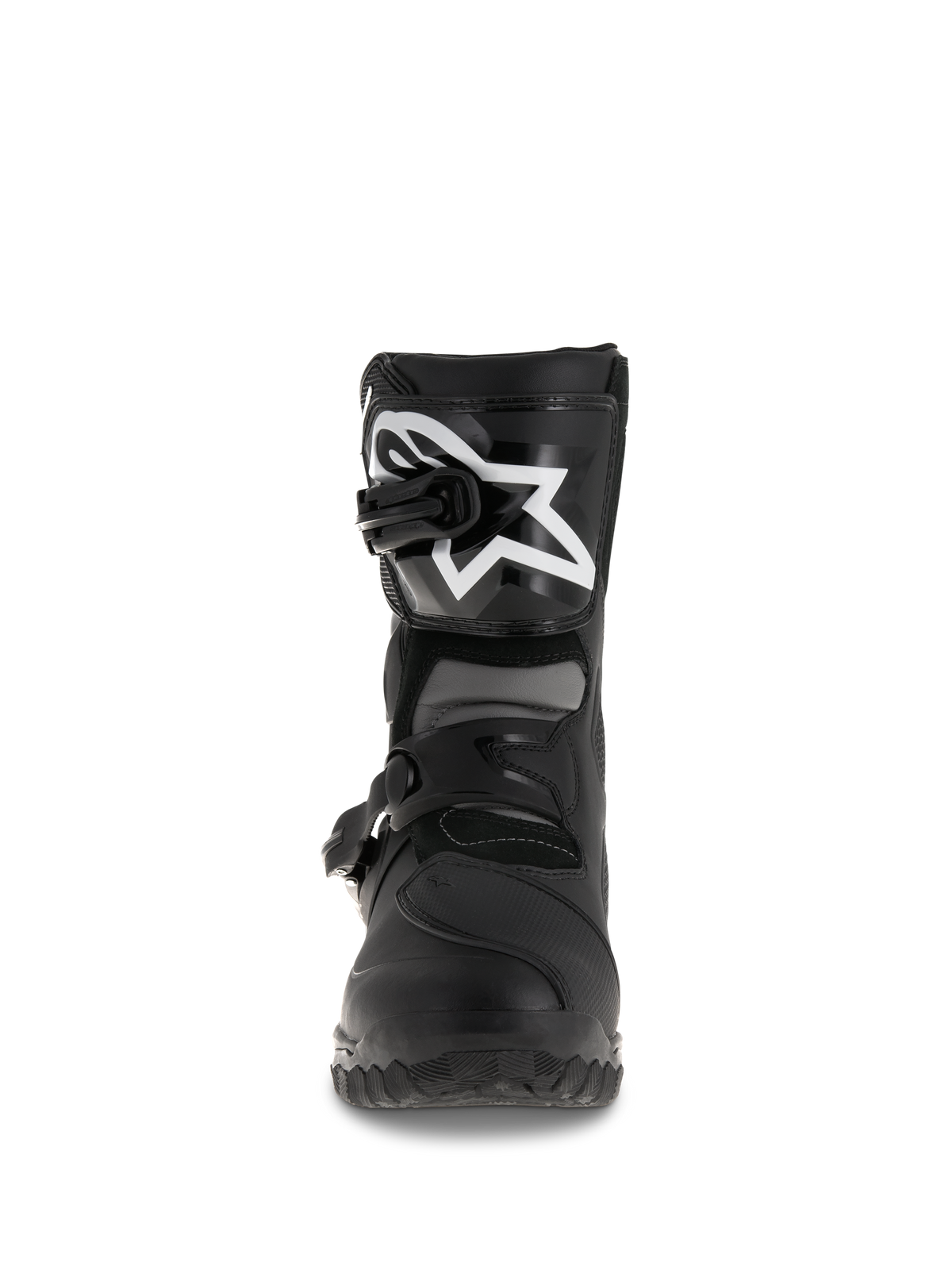 Alpinestars Belize Drystar® laarzen, adventure touring motorlaarzen, zwart, vooraanzicht met TPU-scheenplaat met groot wit logo, dubbel gespsluitingssysteem en robuuste gevulkaniseerde buitenzool