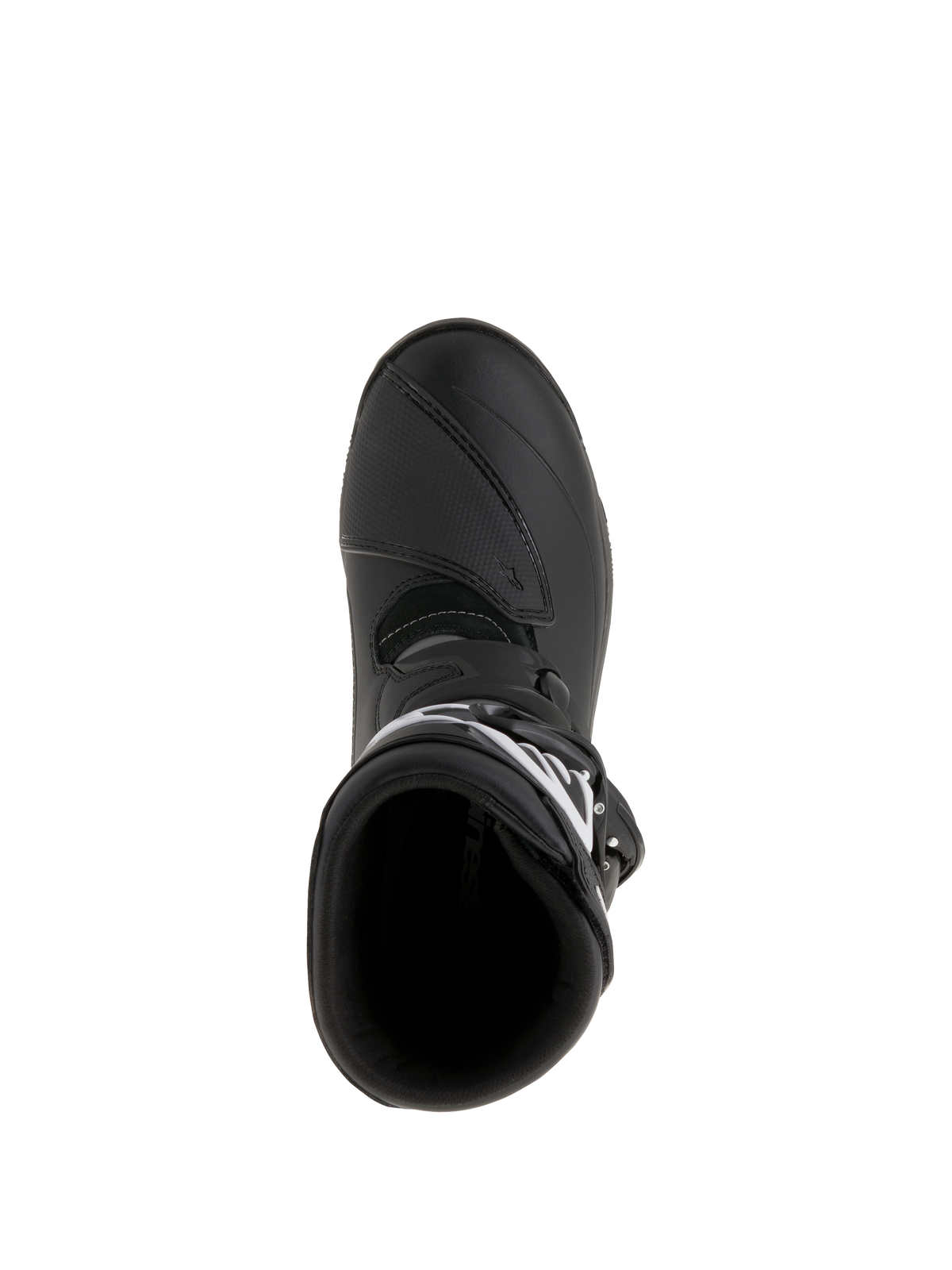 Alpinestars Belize Drystar® laarzen, adventure touring motorlaarzen, zwart, bovenaanzicht met de instapopening en het versterkte schakelpaneel, constructie van waterdicht leer en microvezel