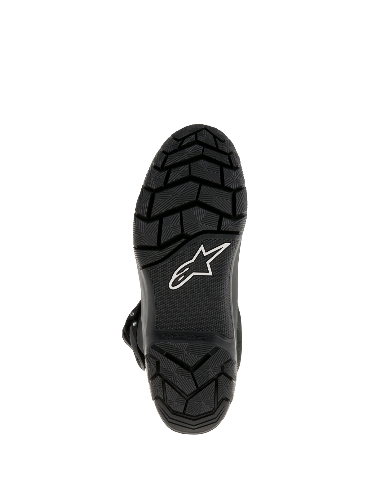 Alpinestars Belize Drystar® laarzen, adventure touring motorlaarzen, onderaanzicht met zwarte gevulkaniseerde rubberen buitenzool, grof profiel voor superieure grip en wit Alpinestars sterlogo
