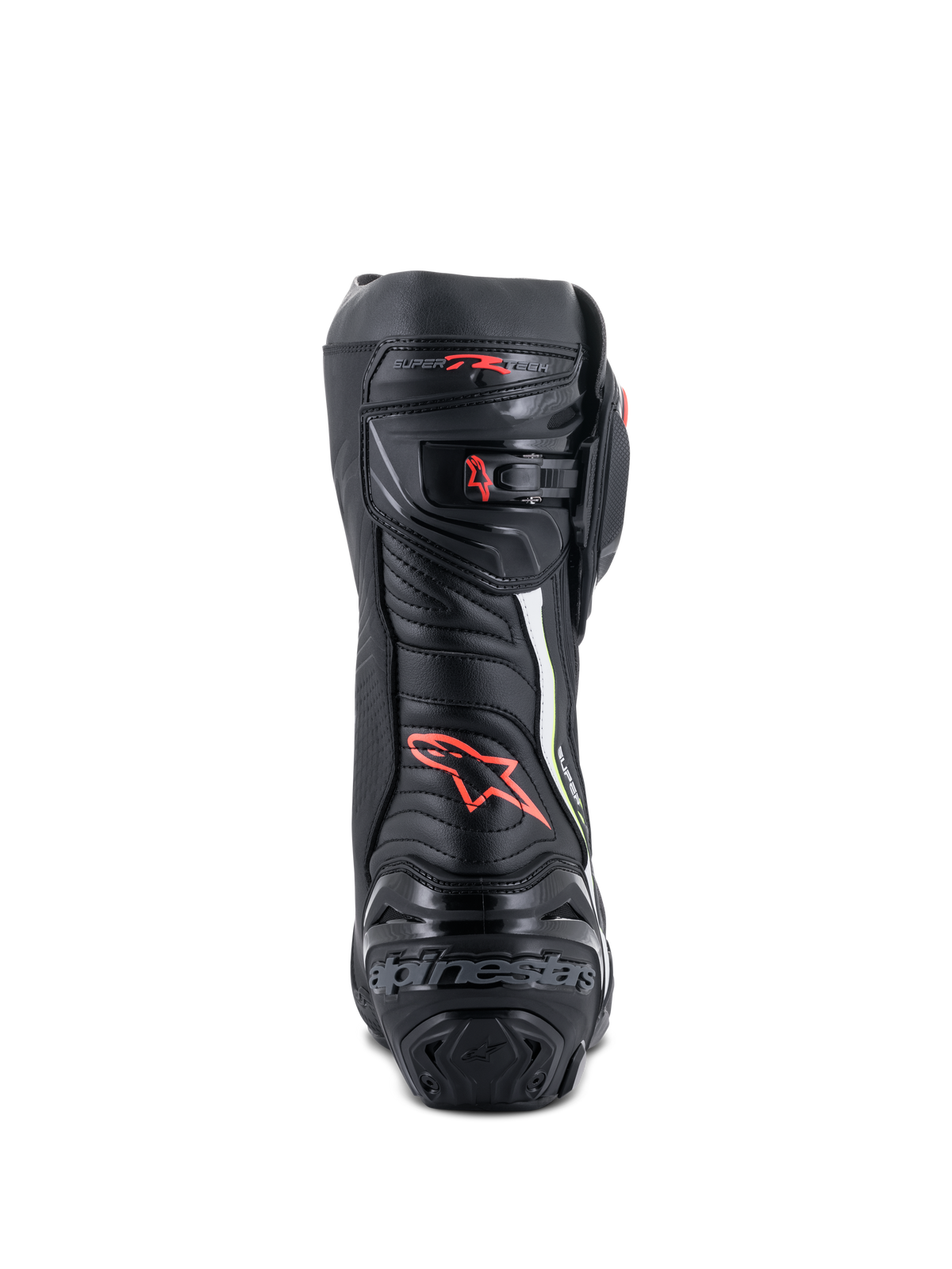 Alpinestars Supertech R laarzen, hoogwaardige race-motorlaarzen, achteraanzicht in het zwart met rode en fluo gele accenten, voorzien van TPU-hielbescherming, een micro-verstelbare ratelsluiting en kenmerkende branding.
