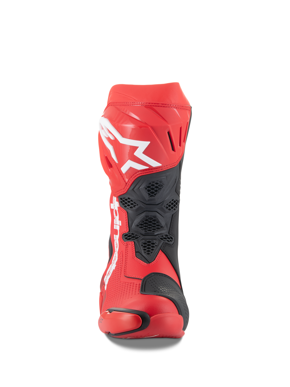 Alpinestars Supertech R laarzen, helderrood en Red Fluo, vooraanzicht met een groot wit Astars-logo op de scheenplaat, zwarte mesh ventilatiepanelen en een technisch race-ontwerp voor motorprestaties op het circuit