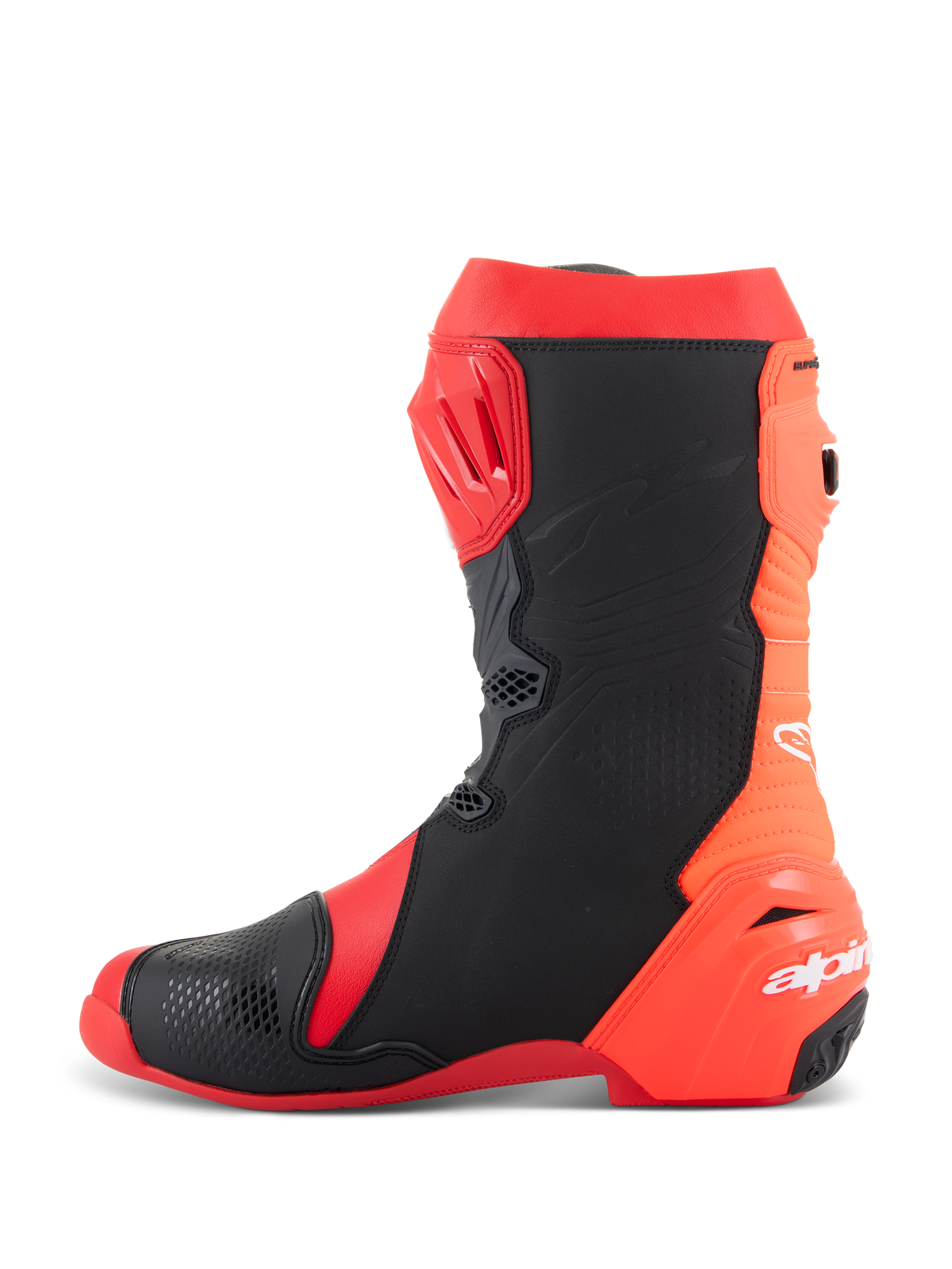 Alpinestars Supertech R-laarzen, professionele motorracelaarzen, helderrood en fluorescerend rood met zwarte panelen, zijaanzicht met de TPU-scheenplaat, flexibel accordeonontwerp aan de achterzijde en wit Alpinestars-logo op de hiel