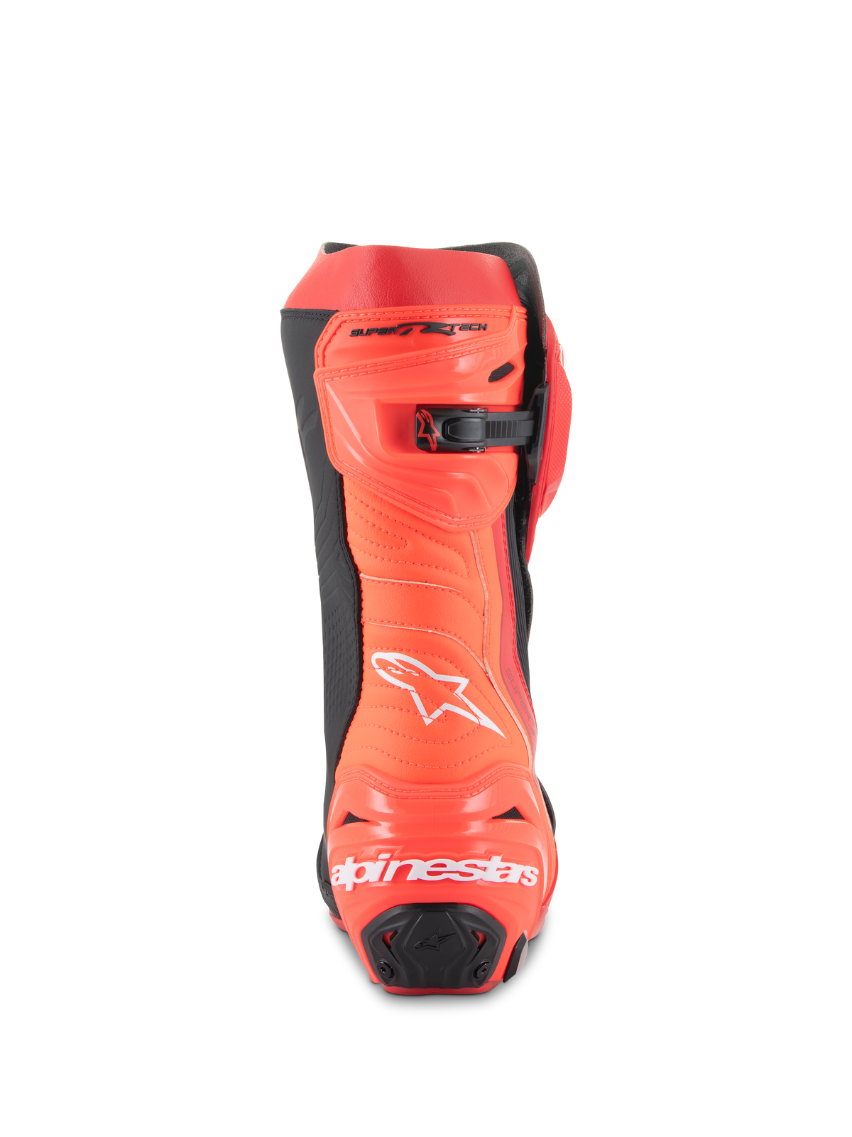 Alpinestars Supertech R laarzen, motorrace-laarzen, felrood en fluo rood, achteraanzicht met de hielbeschermer met witte merknaam, zwarte accenten en micro-verstelbare ratelsluiting bij de kuit.