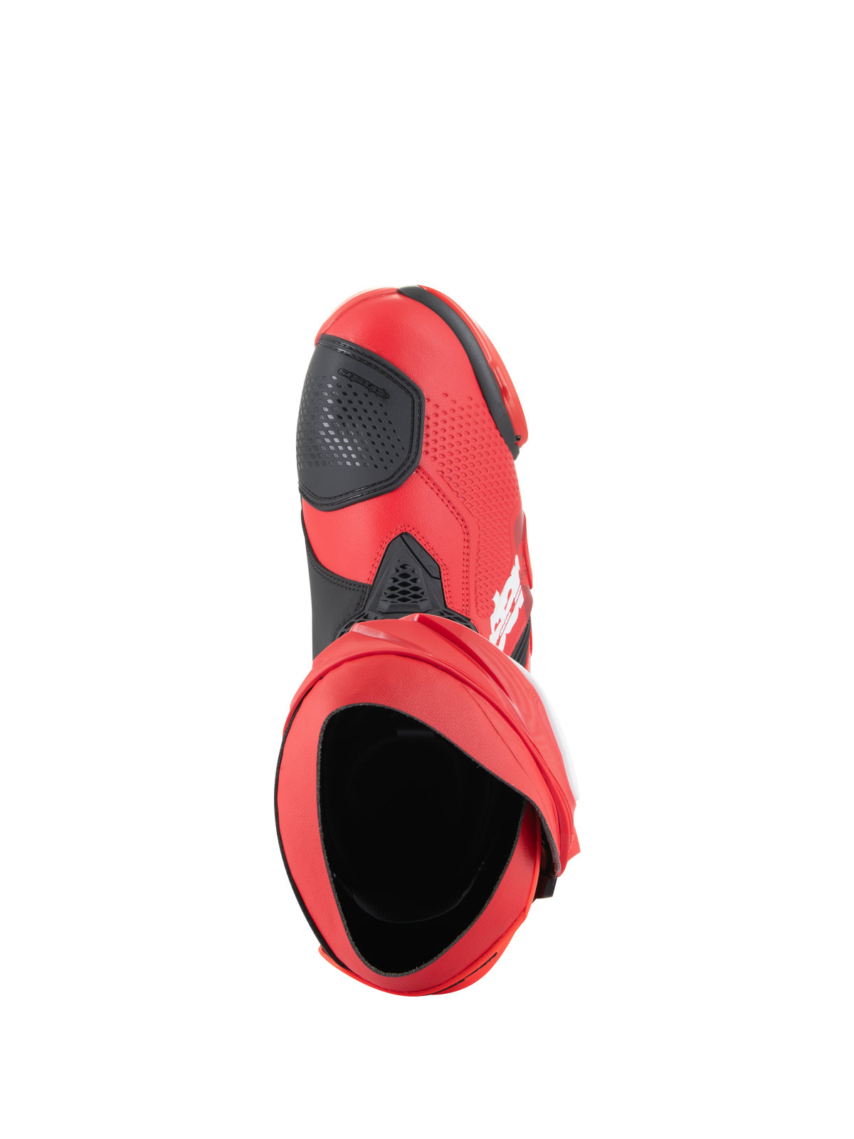 Alpinestars Supertech R laarzen, motorrace-laarzen, felrood en fluo rood, bovenaanzicht met de binnenopening en het zwarte schakelpad, gestroomlijnd prestatiegericht ontwerp voor circuit en weg