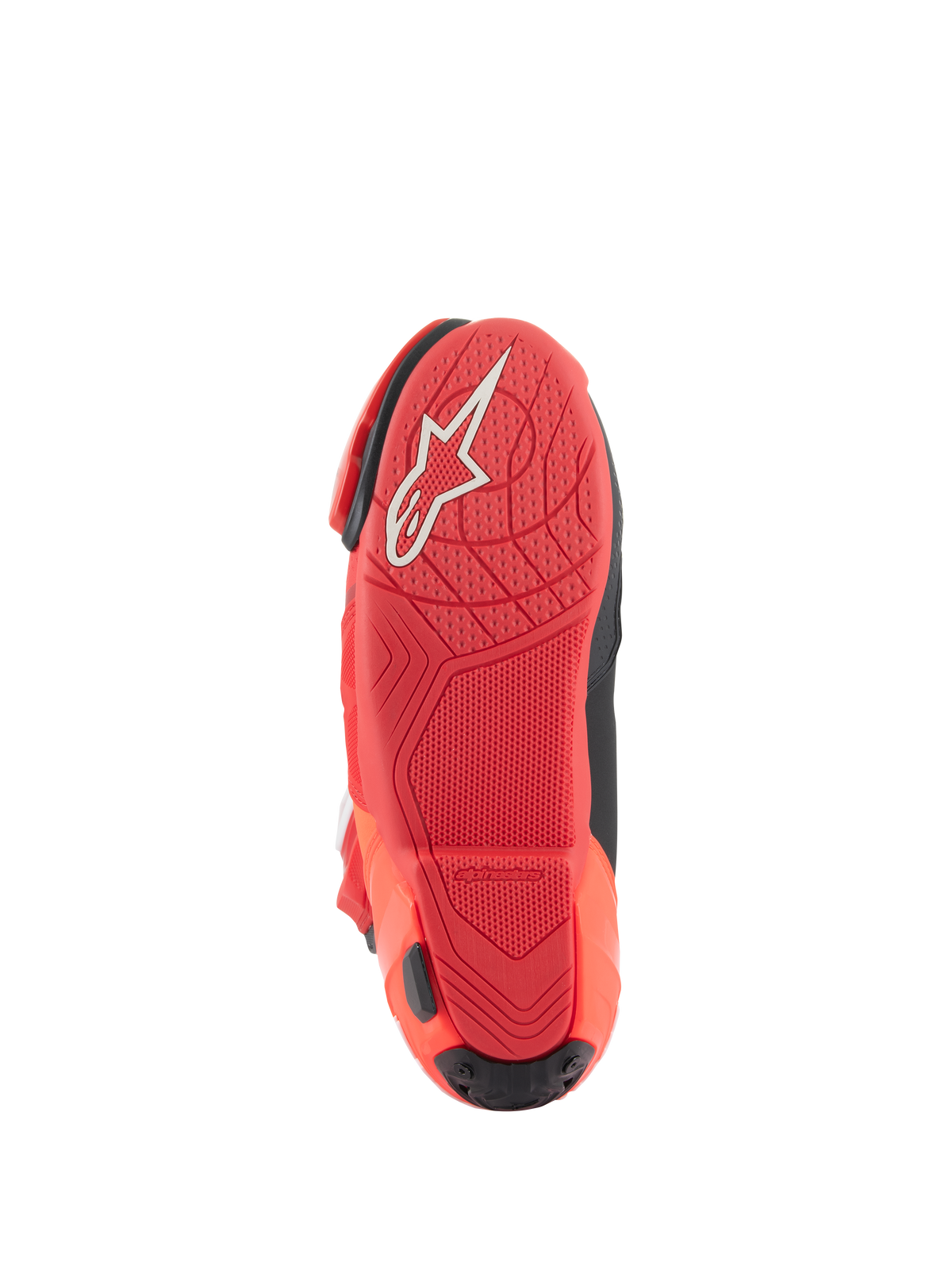 Alpinestars Supertech R laarzen, motorrace laarzen, Bright Red Red Fluo, onderkant van de zool met getextureerd grippatroon en wit Alpinestars-logo