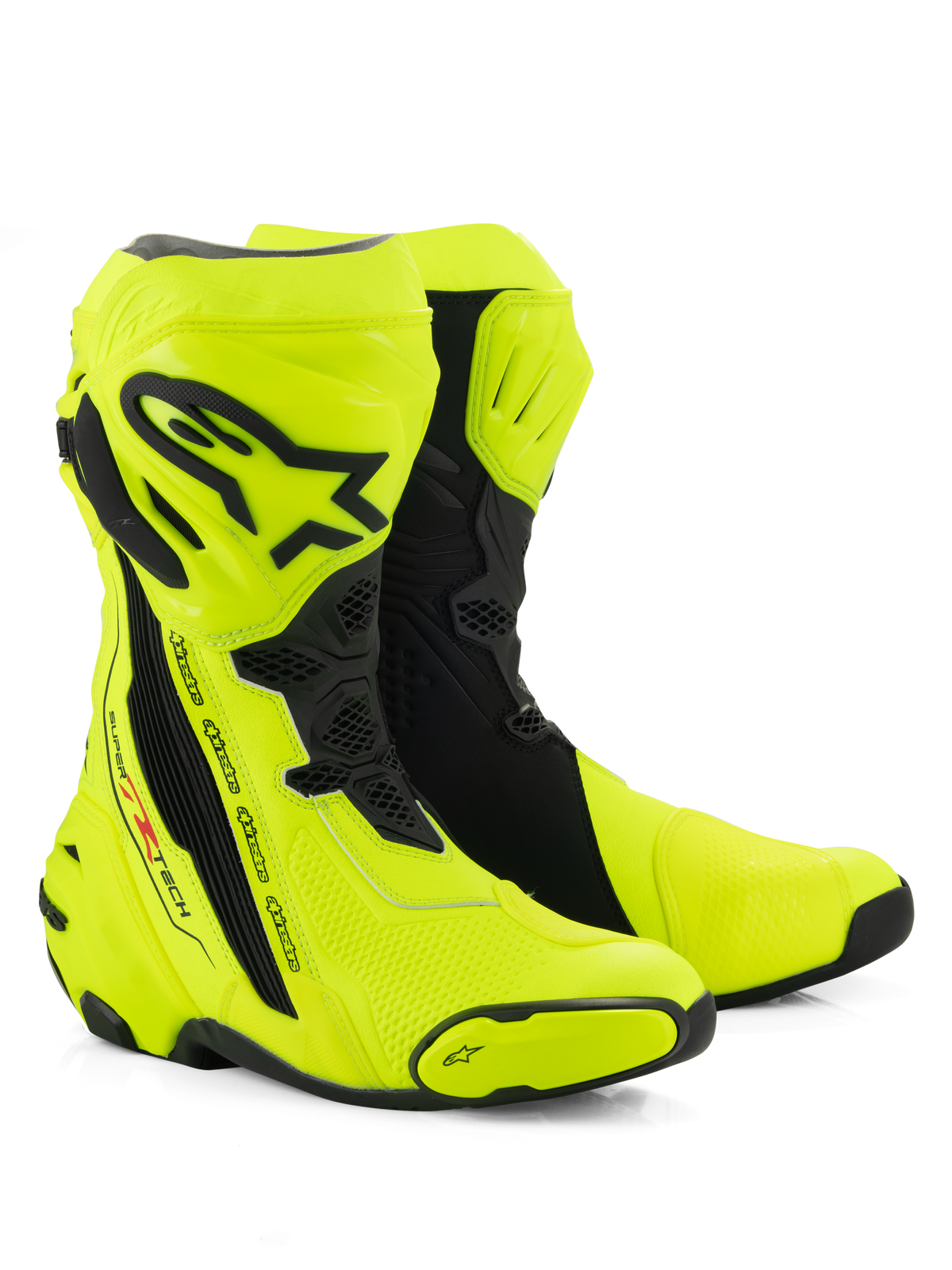 Alpinestars Supertech R laarzen, motorrace-laarzen, fluorgeel en zwart, met een beschermende scheenplaat met Alpinestars-logo, flexibele accordeonpanelen en versterkte teensliders op een witte achtergrond