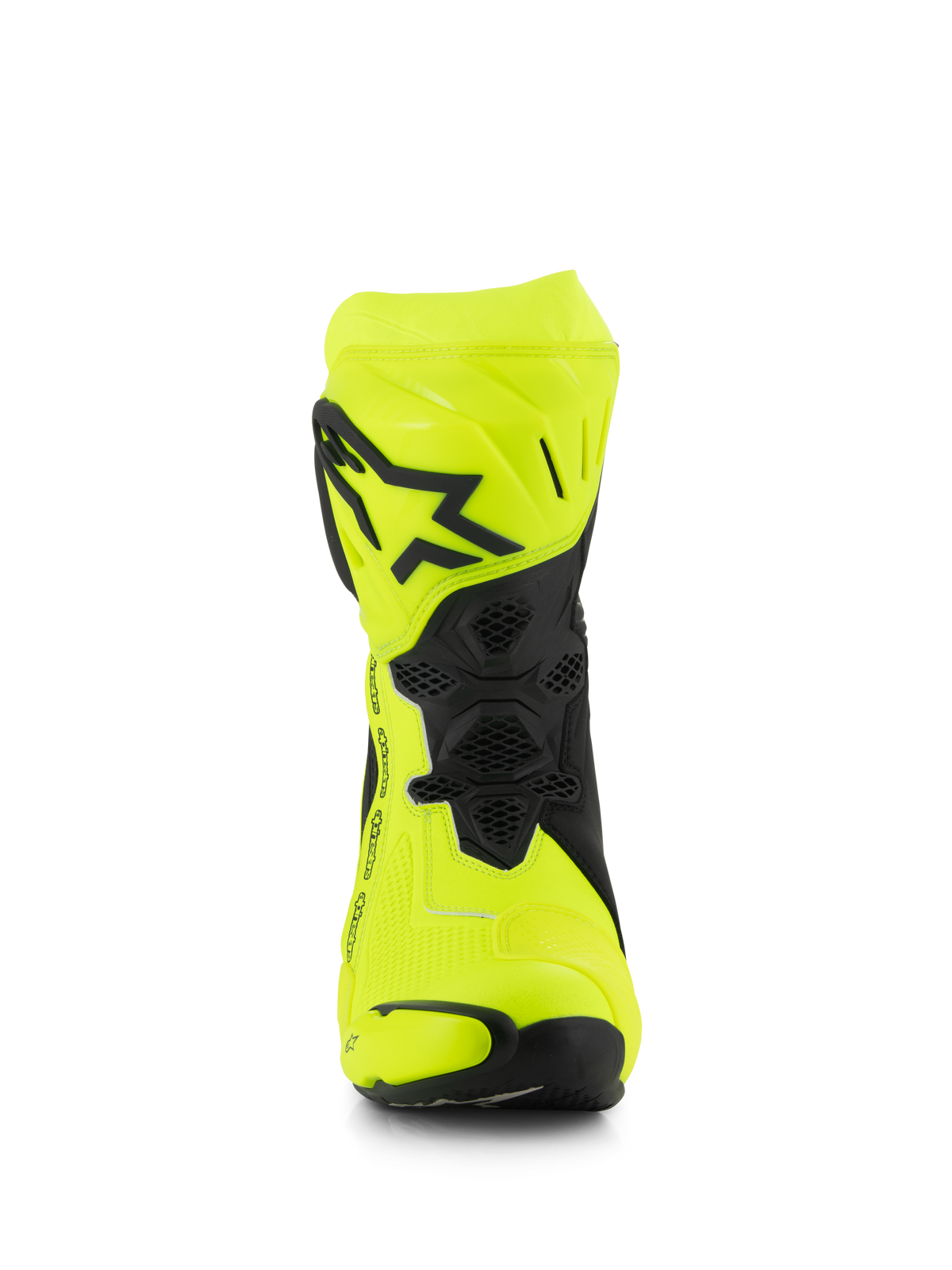 Alpinestars Supertech R laarzen, motorrace laarzen, Geel Fluo en Zwart, vooraanzicht met het zwarte sterlogo op de scheenplaat, flexgebieden met honingraatstructuur en gestroomlijnd ontwerp voor hoogwaardige raceprestaties.