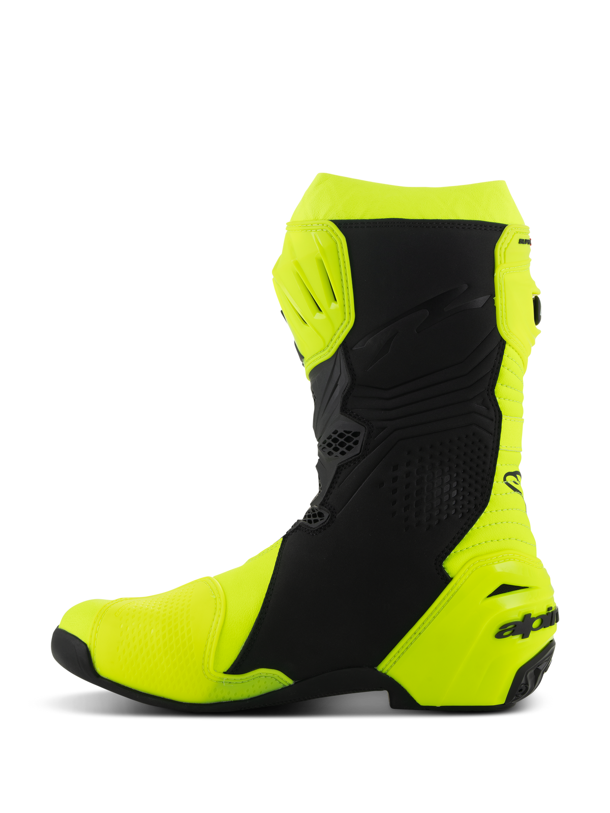 Alpinestars Supertech R laarzen, motorrace-laarzen, fluogeel en zwart, zijprofiel met versterkte scheen- en hielbescherming, strak ergonomisch ontwerp met geperforeerde panelen en branding op de hiel.