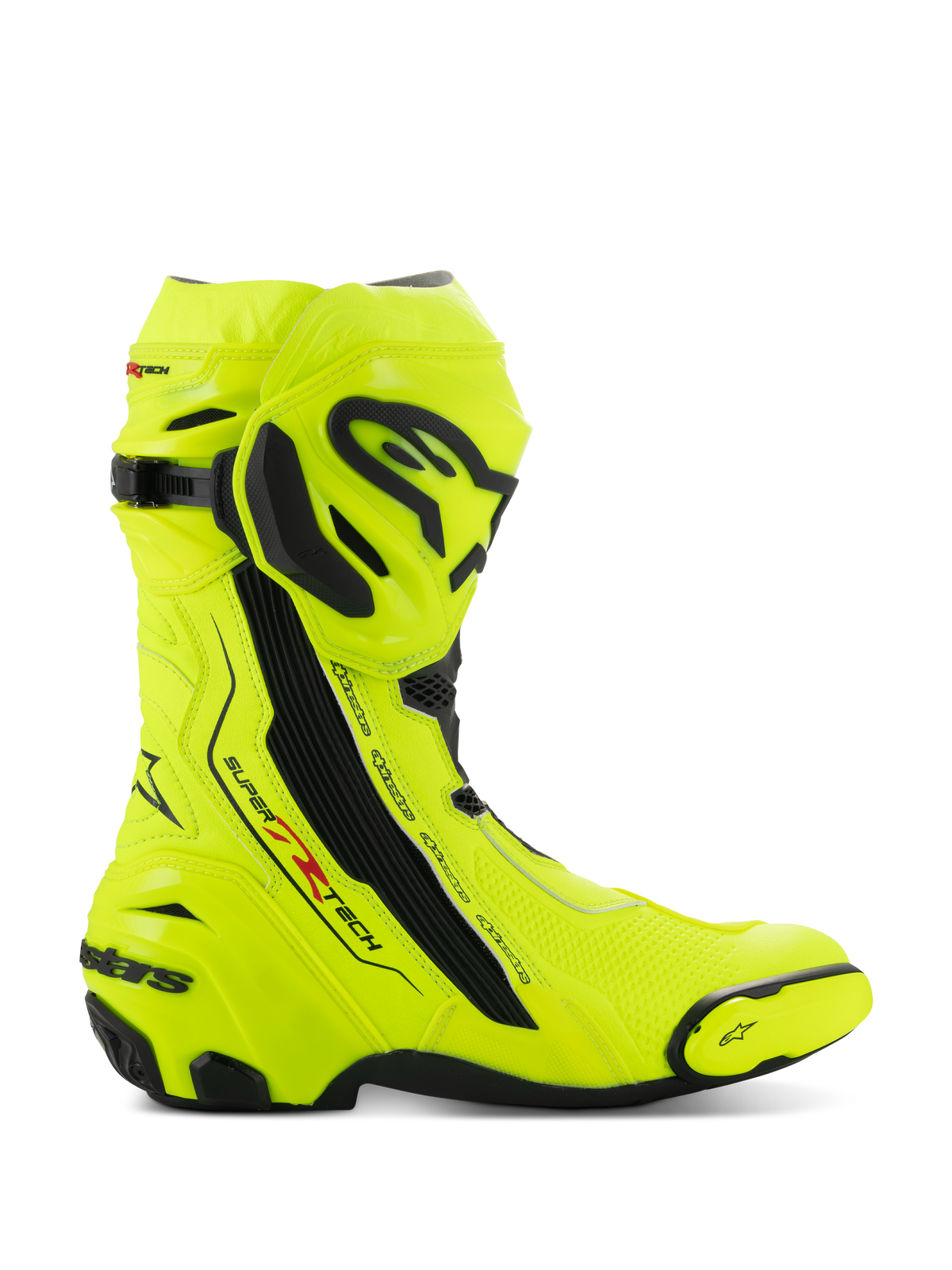 Alpinestars Supertech R laarzen, motorracelaarzen, fluorgeel zwart, zijaanzicht met opvallend fluorgeel en zwarte beschermplaten, Alpinestars-branding op het scheenbeen en de hiel, slank aerodynamisch profiel voor topprestaties