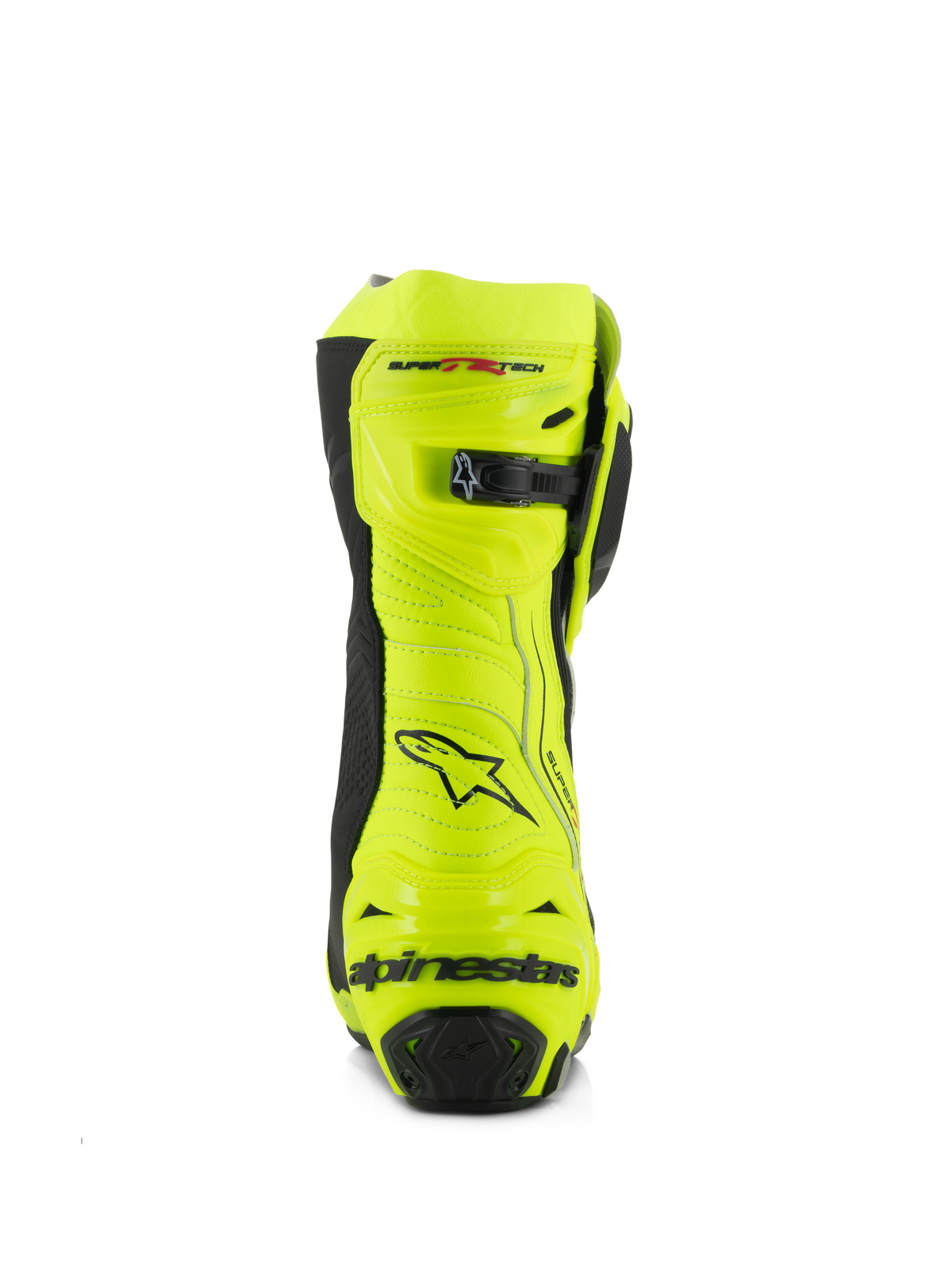 Alpinestars Supertech R laarzen, motorrace-laarzen, geel fluo en zwart, achteraanzicht met versterkte hielbeschermer, verstelbare kuit-sluiting en opvallende branding, high-visibility fluorescerende afwerking voor prestaties op het circuit en op de weg