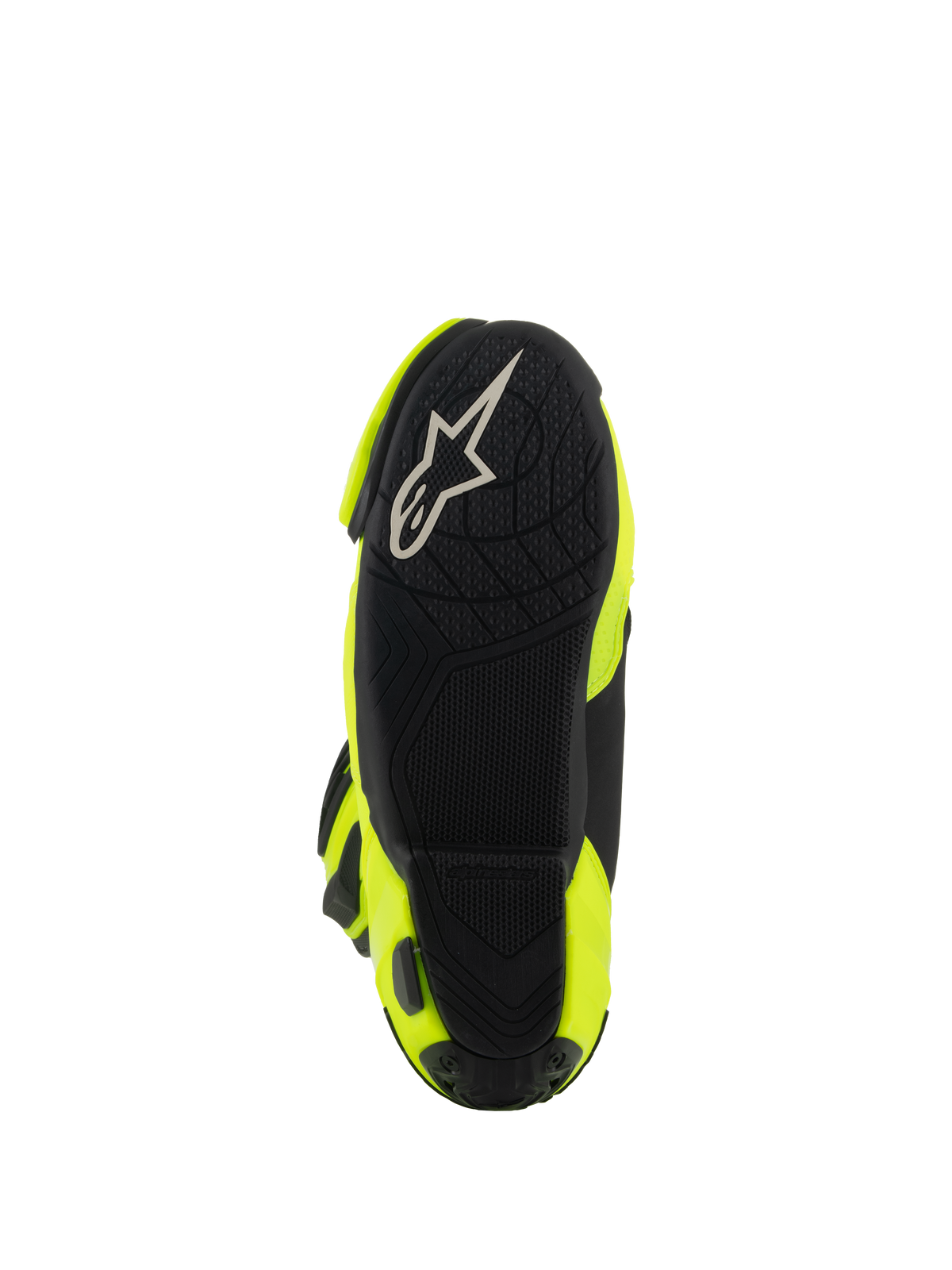 Alpinestars Supertech R laarzen, motorrace-laarzen, Yellow Fluo Black, onderaanzicht met zwarte zool met textuur, wit Alpinestars-logo en felgele zijpanelen