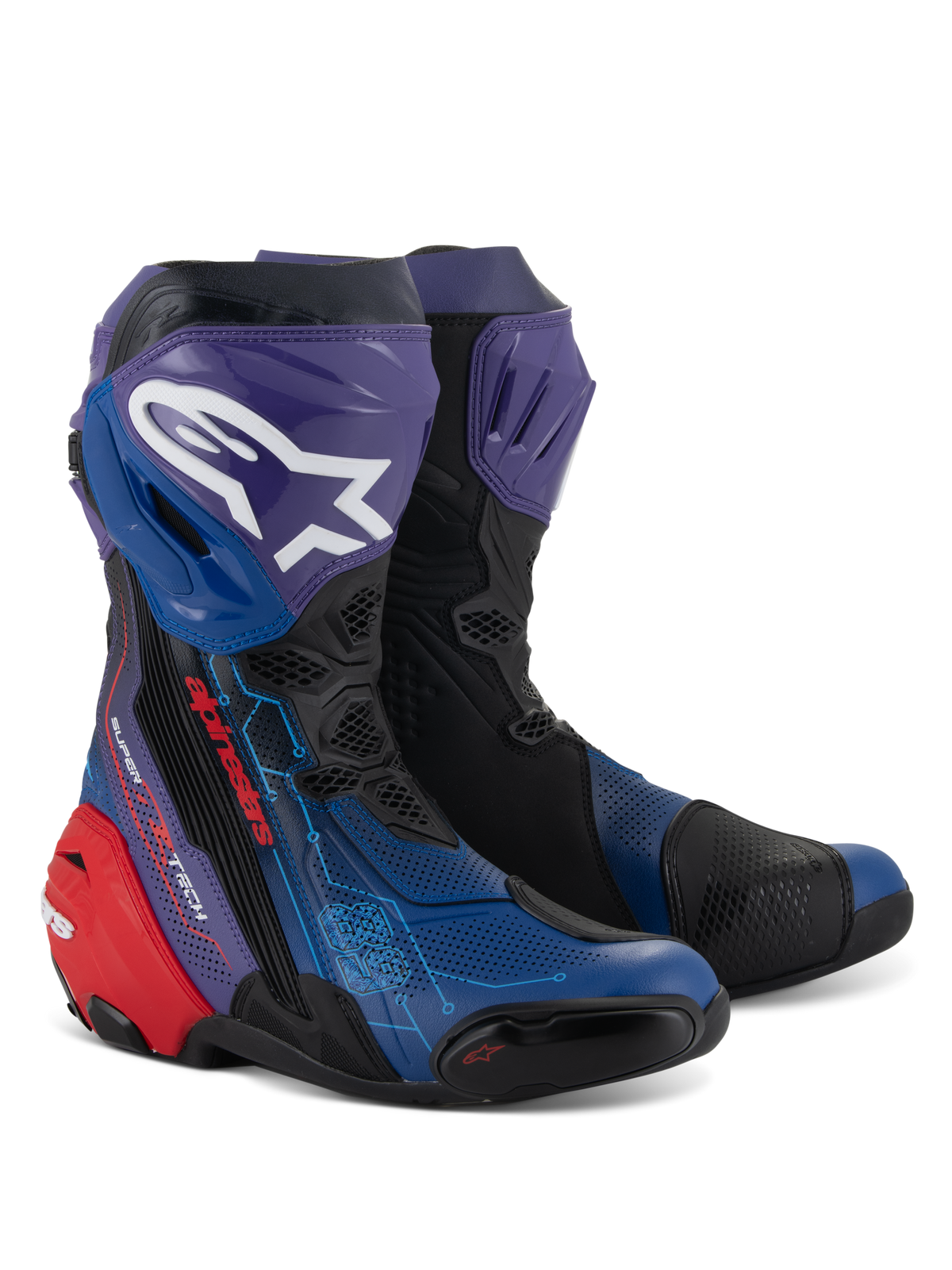 Alpinestars Supertech R LE Martinator R01 Vented laarzen, race-motorlaarzen, blauw, paars, rood en zwart, met uitgebreide perforaties voor luchtstroom, wit Astars-logo op een paarse scheenbeschermer, rode hielbeschermer en technisch race-ontwerp.