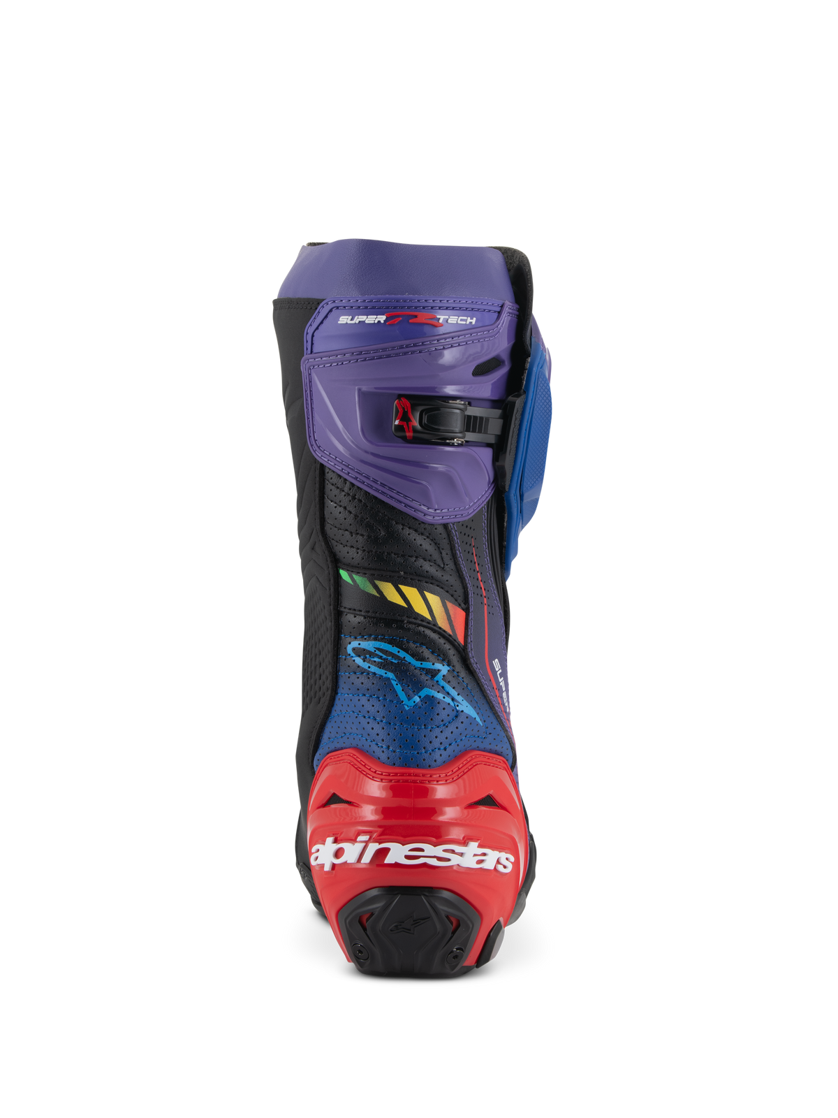 Alpinestars Supertech R LE Martinator R01 Vented laarzen, race-motorlaarzen, blauw, paars, rood en zwart, achteraanzicht met rode hielbeschermer en wit Alpinestars-logo, paarse gaiter met verstelbare gesp en geperforeerd microvezel voor luchtstroom.