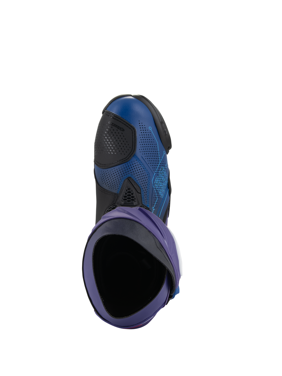 Alpinestars Supertech R LE Martinator R01 Vented laarzen, motorrace-laarzen, blauw en paars met zwarte accenten, bovenaanzicht met zicht in de laars, geperforeerd microvezel bovenwerk en race-ontwerp