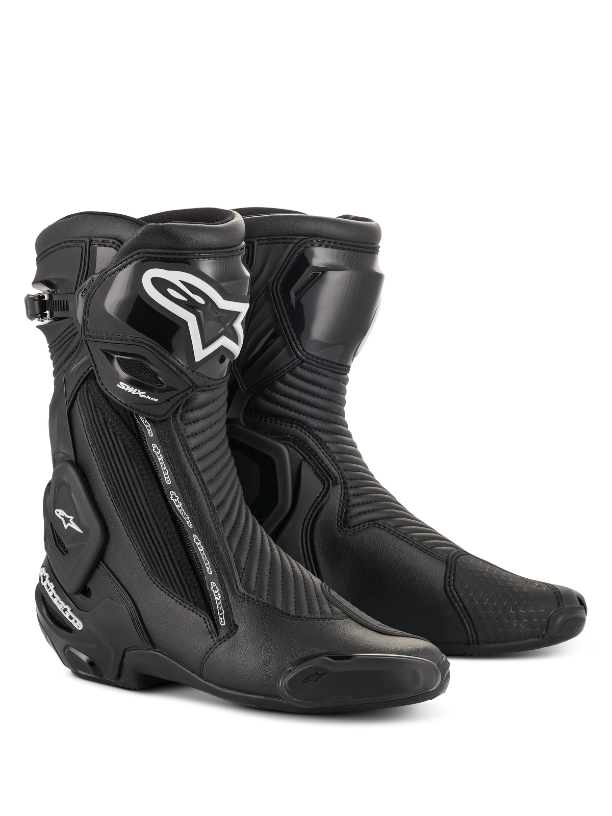 Alpinestars SMX Plus V2 laarzen, motorrace-laarzen, zwart met wit logo op het scheenbeen, hoog enkelontwerp, versterkte teensliders en hielbescherming, zijritssluiting, geribbelde accordeonpanelen voor flexibiliteit, aerodynamische constructie