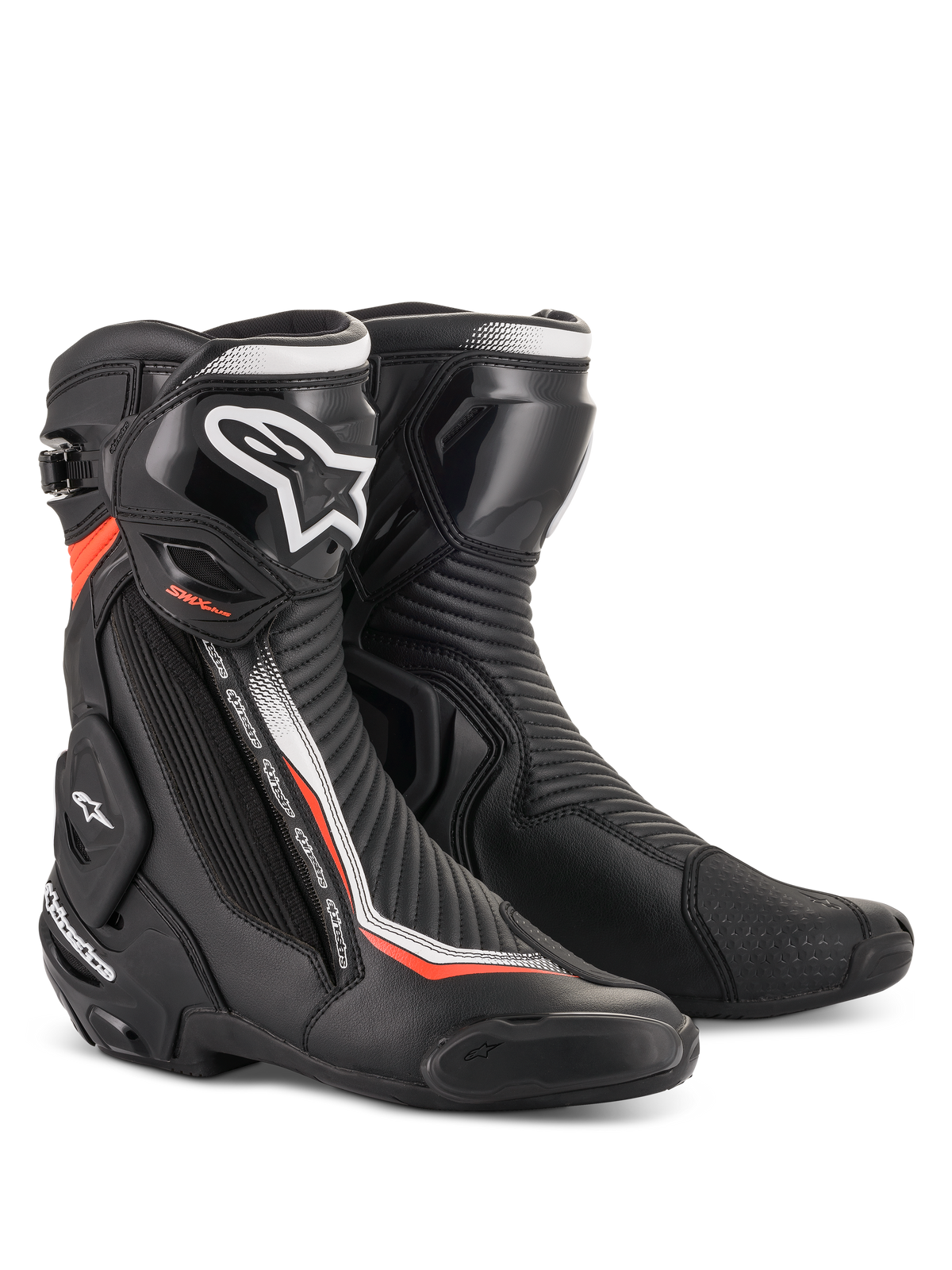 Alpinestars SMX Plus V2 laarzen, motorracinglaarzen, zwart, wit en rood fluo, CE-gecertificeerd, voorzien van Multi-Link Control-systeem, TPU-scheenplaat en vervangbare sliders, synthetische microvezel constructie
