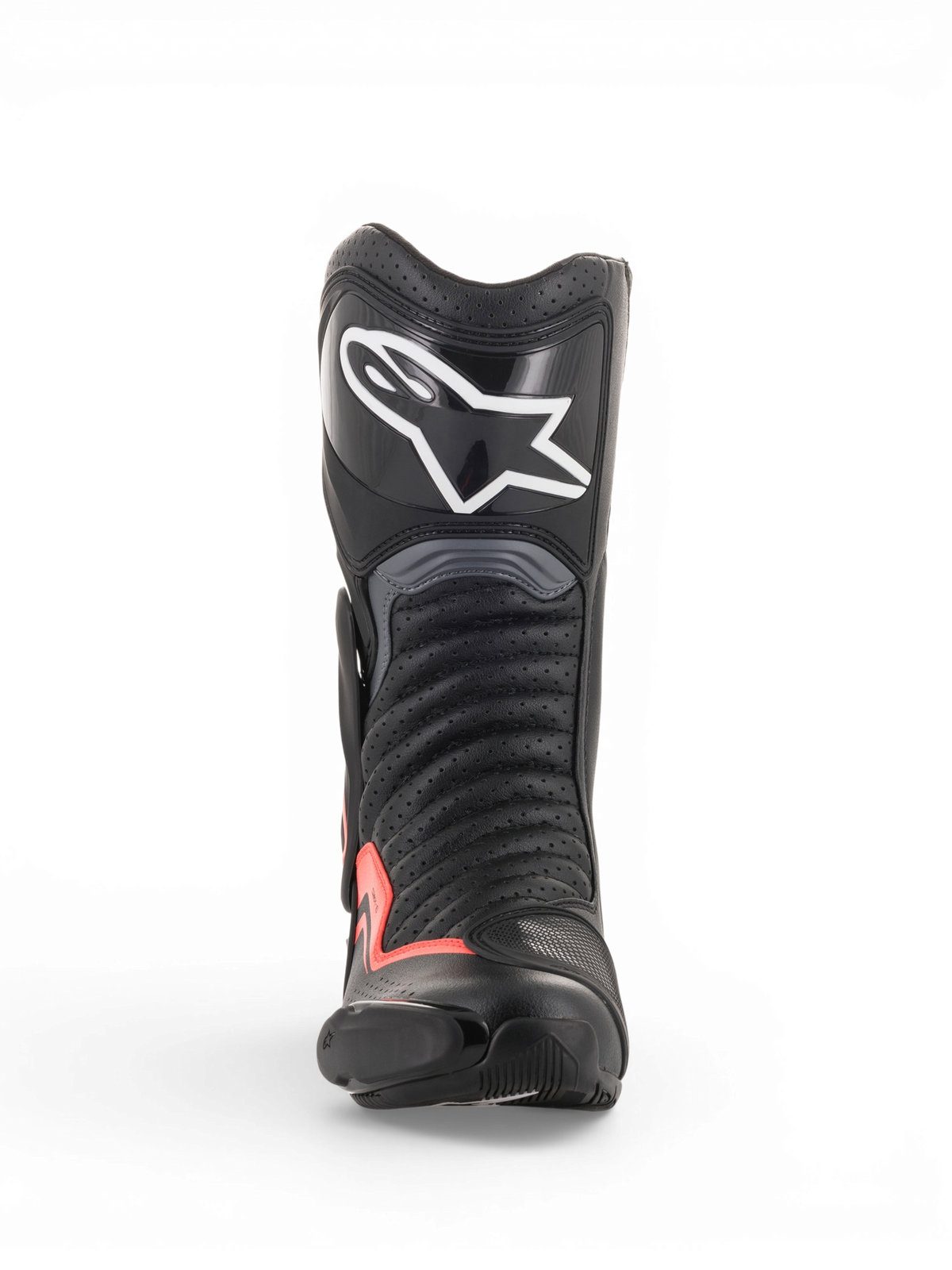 Alpinestars SMX-6 V2 Vented laarzen, zwarte en grijze motorlaars voor motorracing met fluorescerend rode accenten, vooraanzicht met geperforeerd bovenwerk, scheenbescherming en teenschuif