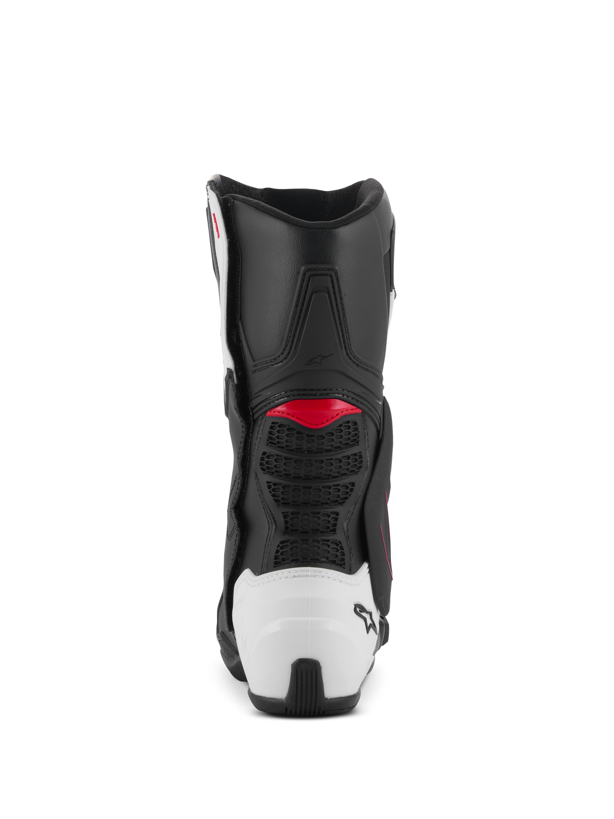 Alpinestars SMX-6 V3 Boots, Performance Riding Boots, Black White and Red Graphic, rear view featuring white TPU heel counter and red accents, designed for motorcycle track and street performance