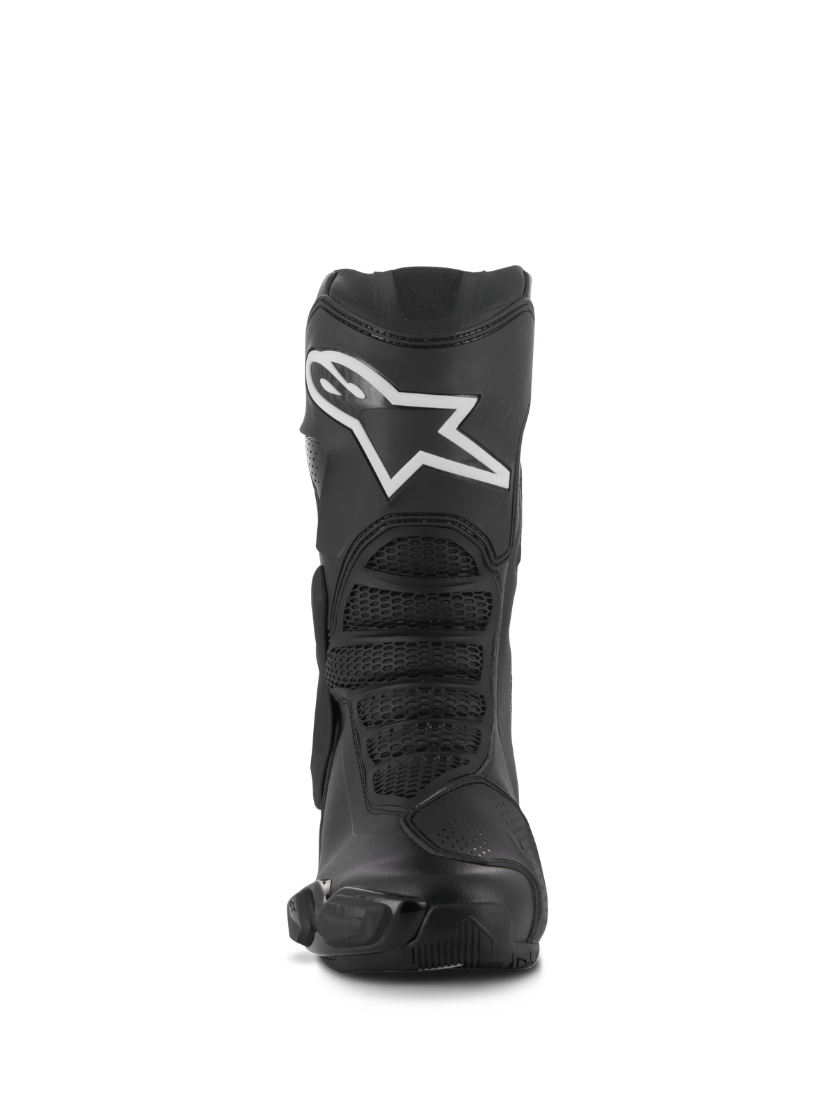 Alpinestars Stella SMX-6 V3 laarzen, performance damesmotorlaarzen, zwart met wit Alpinestars-logo, vooraanzicht met TPU-scheenbeenbeschermer en flexibele mesh-zones, duurzame microvezelconstructie