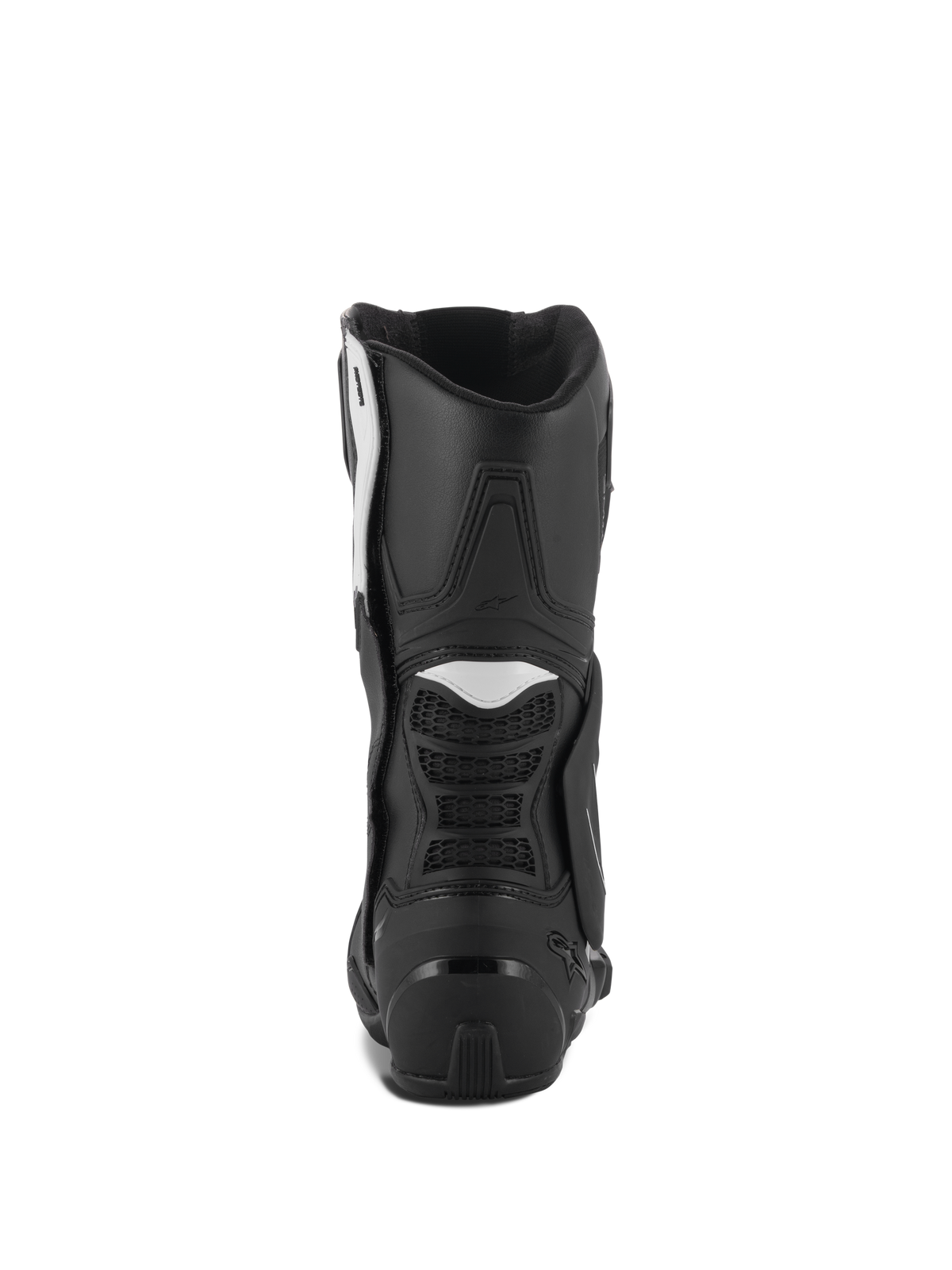 Alpinestars Stella SMX-6 V3 laarzen, motorlaarzen voor dames, zwart en wit, achteraanzicht met TPU-hielbeschermer en flexibele accordeonpanelen, duurzaam prestatiegericht ontwerp