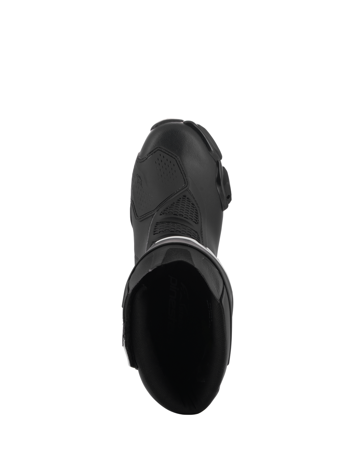 Alpinestars Stella SMX-6 V3 laarzen, performance motorlaarzen voor dames, zwart, bovenaanzicht met de binnenopening, versterkte schakelzone en gestroomlijnd ergonomisch ontwerp.