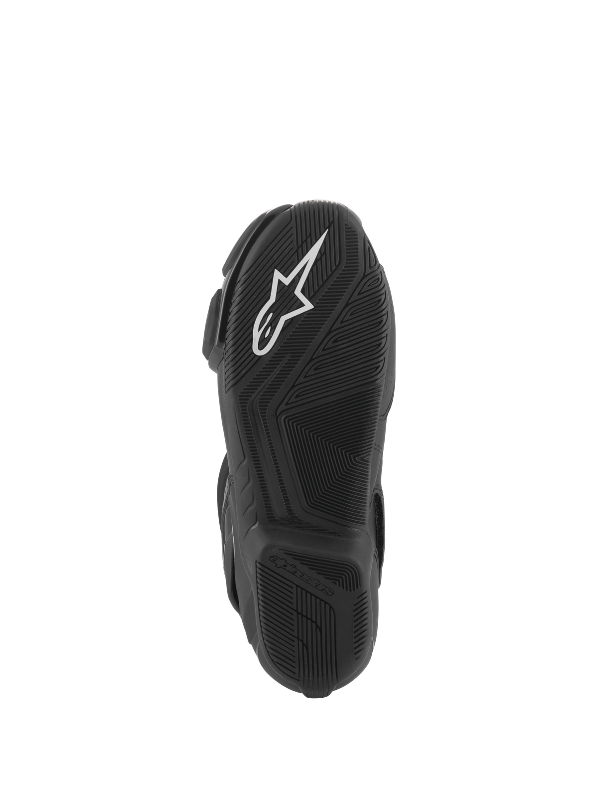 Alpinestars Stella SMX-6 V3 laarzen, onderaanzicht van de zool, zwart lichtgewicht rubbermengsel met getextureerde grip, wit Alpinestars-logo, ontworpen voor circuit- en straatprestaties