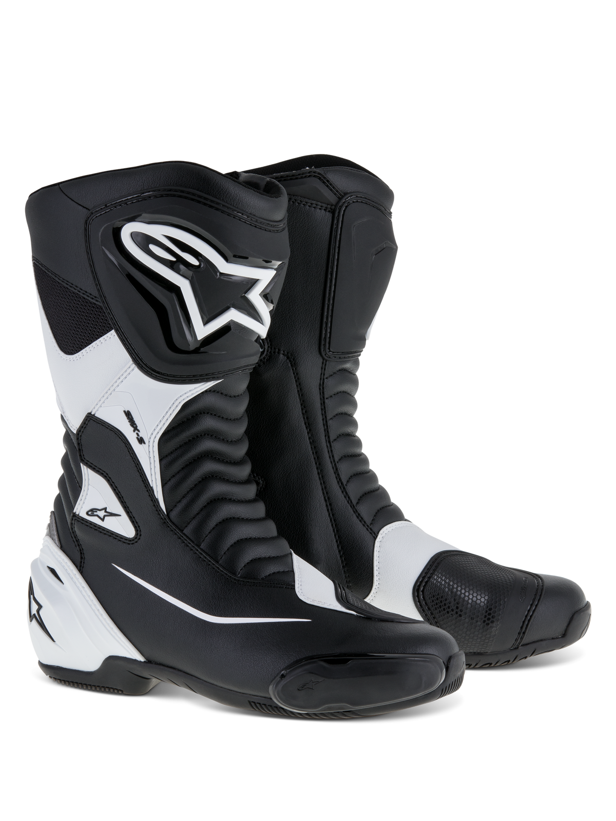 Alpinestars SMX S laarzen, sport motorlaarzen, zwart en wit, met een duurzaam microvezel bovenwerk, PU scheenbeen- en hielbescherming, accordeon flexpanelen en opvallende Alpinestars-branding, performance motorlaarzen voor op de weg