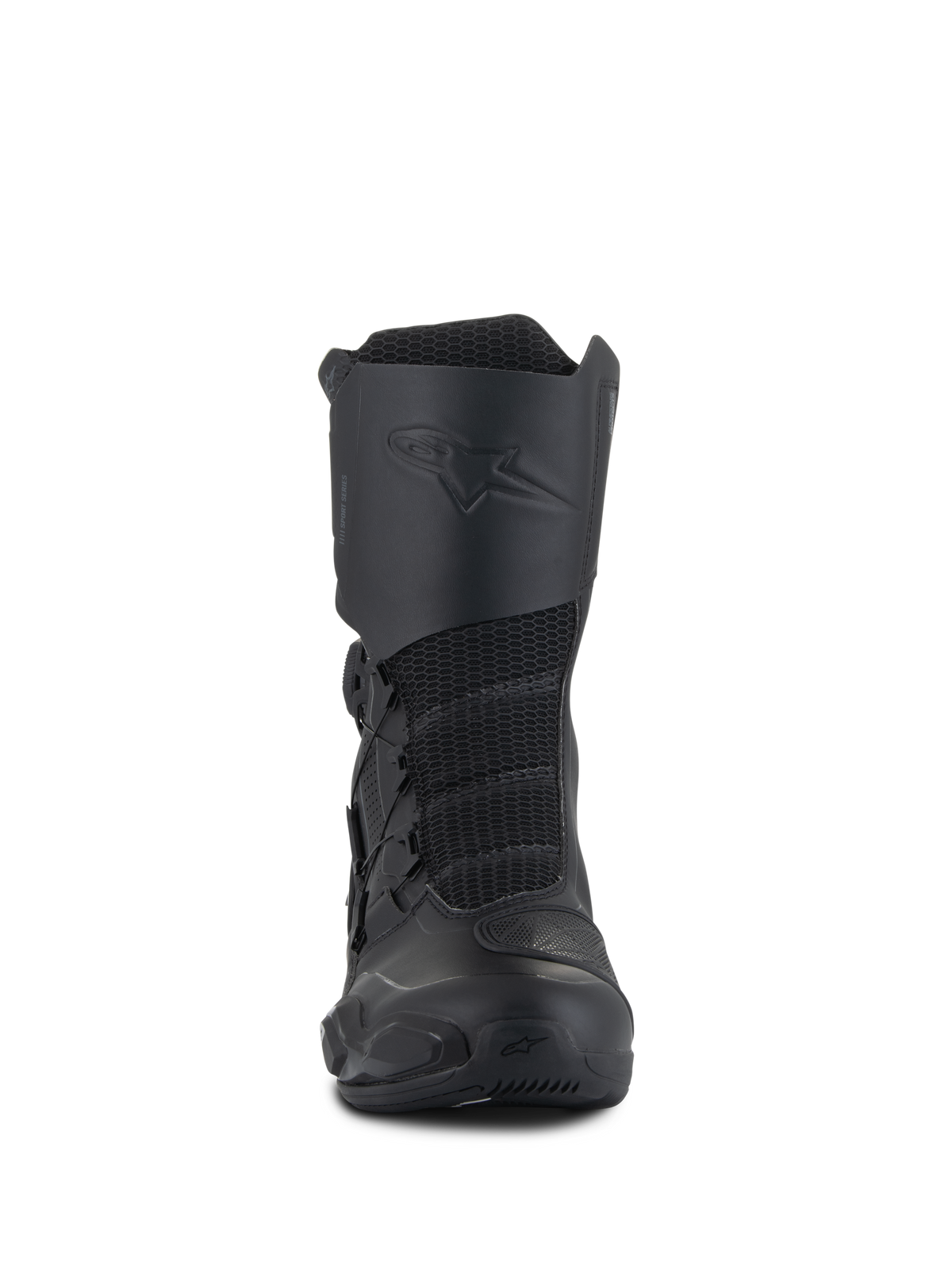 Alpinestars SP-X BOA® Drystar® Boots, Mid-length Sport Touring Motorcycle Boots, Black, featuring mesh front panels, an embossed logo on the shin plate, and the BOA Speed Lace closure system for a secure fit.