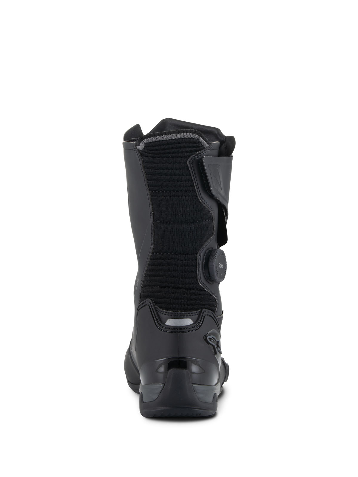 Alpinestars SP-X BOA® Drystar® Boots, Black and Dark Gray, rear view showing the ribbed textile calf, BOA closure dial on the side, and reinforced TPU heel counter with reflective detailing, technical sport-touring footwear