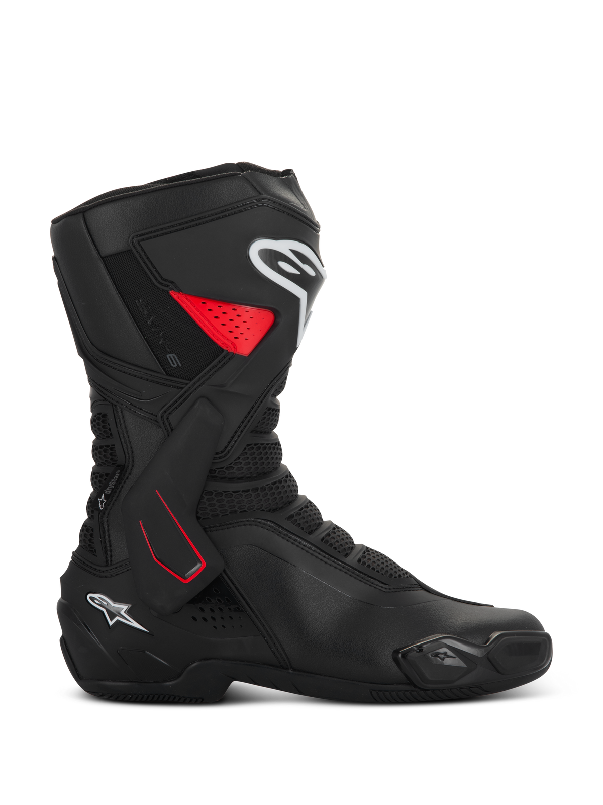 Alpinestars SMX-6 V3 Drystar motorlaarzen, sportieve motorlaarzen, zwart met rode en witte accenten, zijprofielaanzicht, waterdichte microvezelconstructie, laterale TPU-enkelbrace met rode details, witte logo's op het scheenbeen en de hiel, geïntegreerde teenslider en mesh flexzones