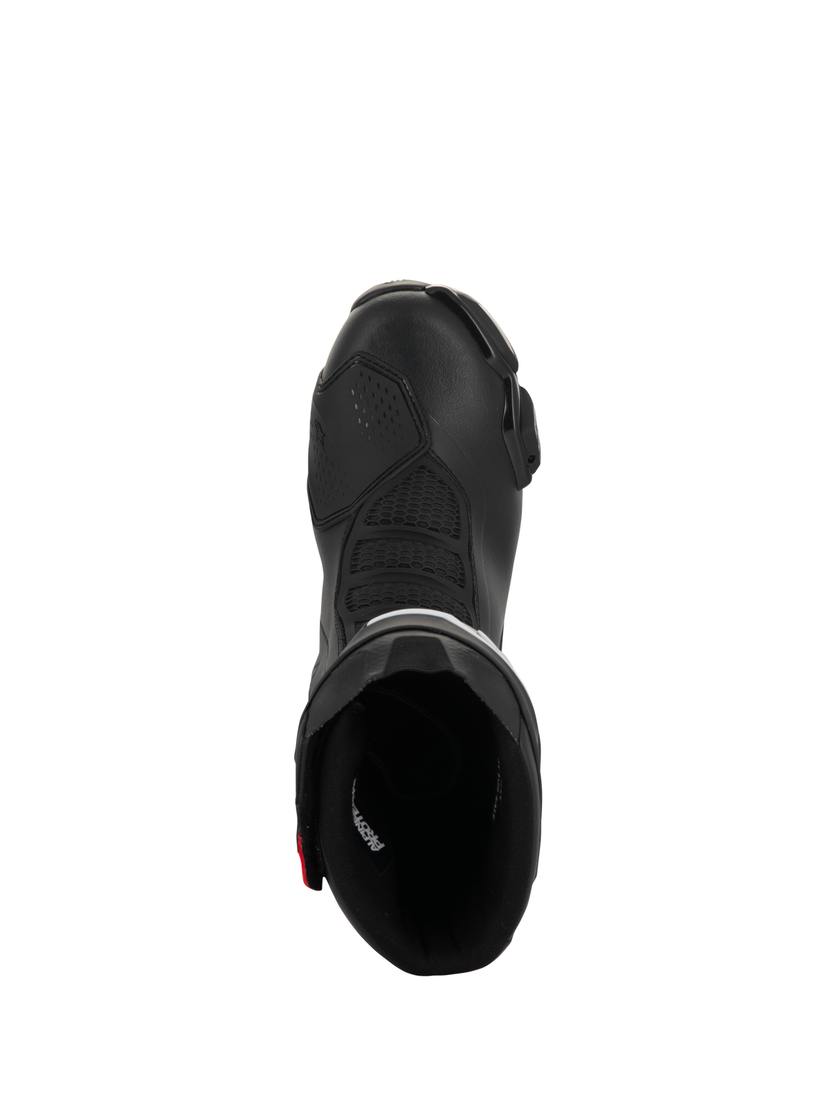 Alpinestars SMX-6 V3 Drystar laarzen, performance motorlaarzen, zwart met rode accenten, bovenaanzicht met inkijk in de opening van de laars, voorzien van getextureerde flexzones en microvezelconstructie