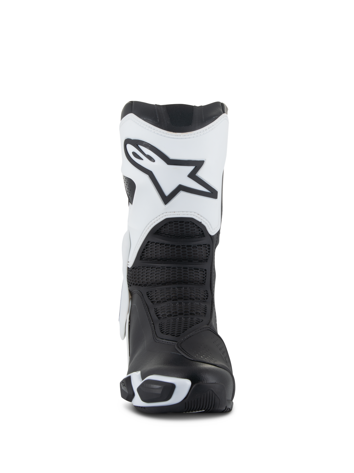 Alpinestars Stella SMX-6 V3 Drystar® laarzen, dames motorlaarzen, wit en zwart, vooraanzicht met de witte scheenplaat en het Astars-logo, zwarte getextureerde flexzones en beschermende TPU-elementen voor sportief rijden