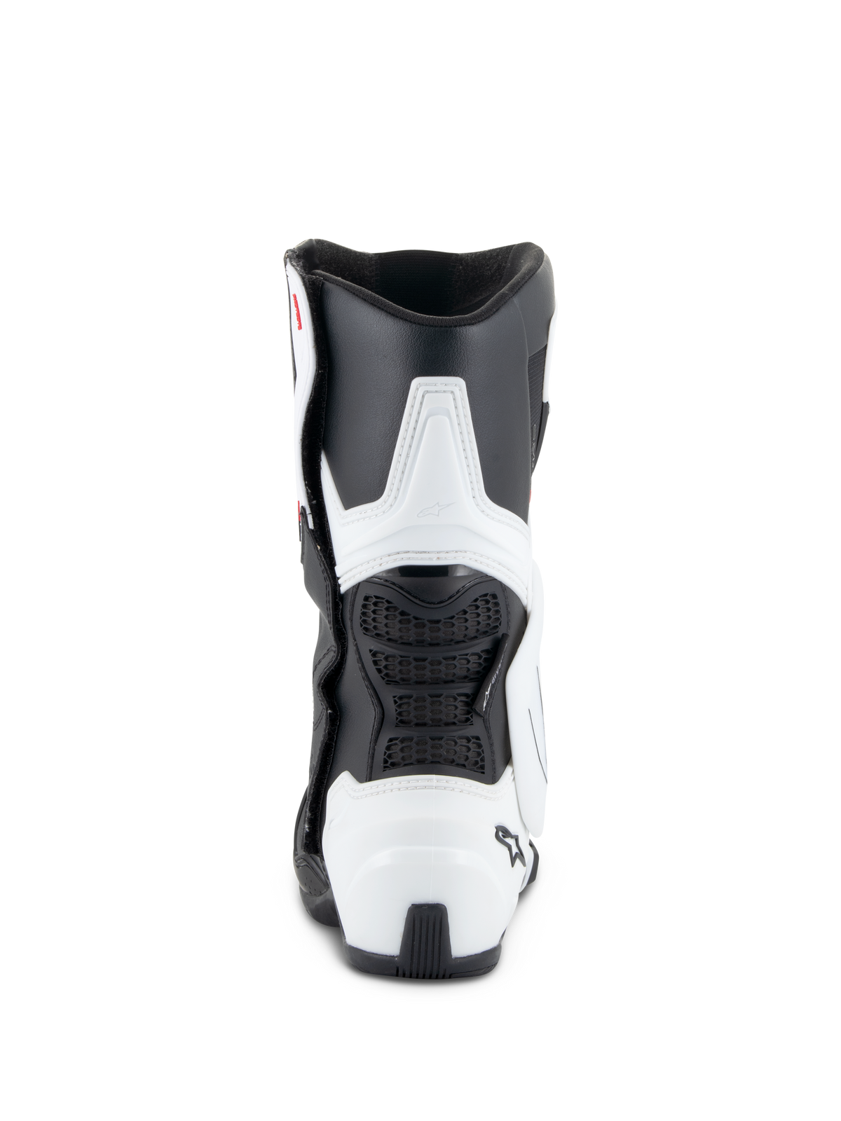 Alpinestars Stella SMX-6 V3 Drystar® Laarzen, dames motorlaarzen, wit en zwart, achteraanzicht met TPU kuit- en hielbescherming, flexibele zwarte mesh-panelen en ergonomisch op de racerij gebaseerd ontwerp.