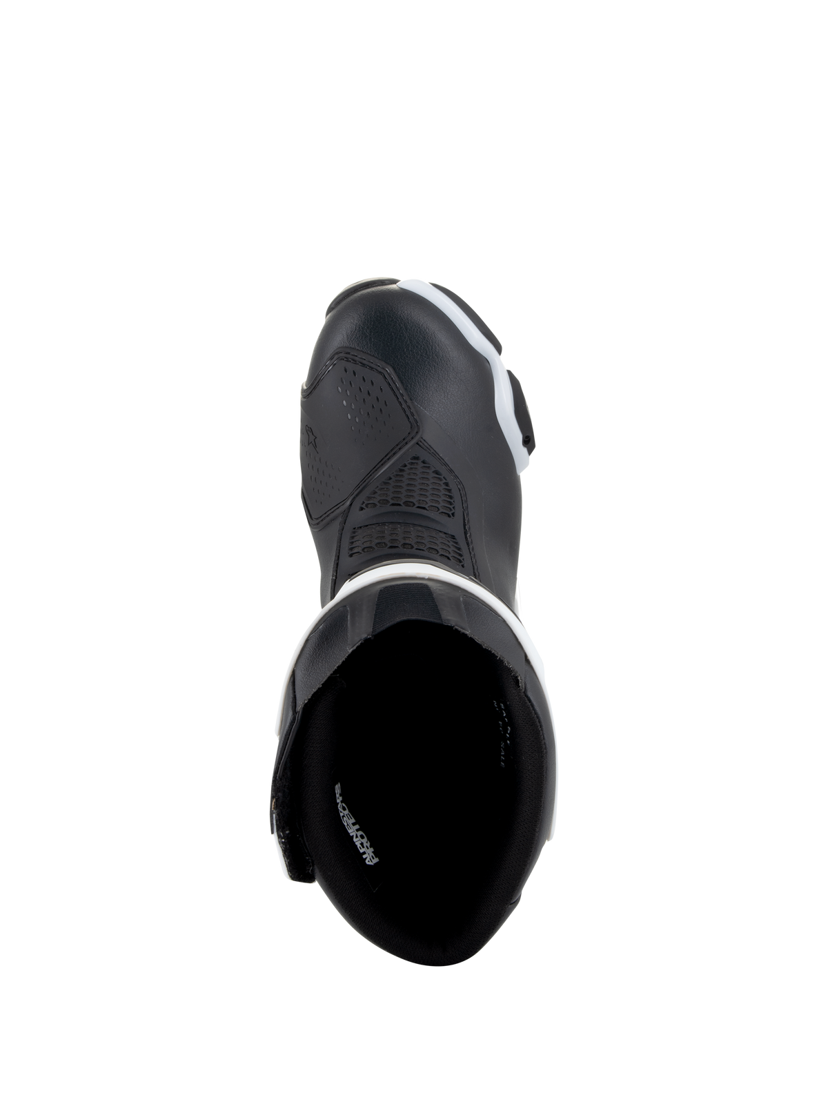 Alpinestars Stella SMX-6 V3 Drystar® laarzen, motorlaarzen voor dames, zwart en wit, bovenaanzicht met binnenvoering en versterkte neus, waterdichte microvezelconstructie voor circuit- en straatgebruik