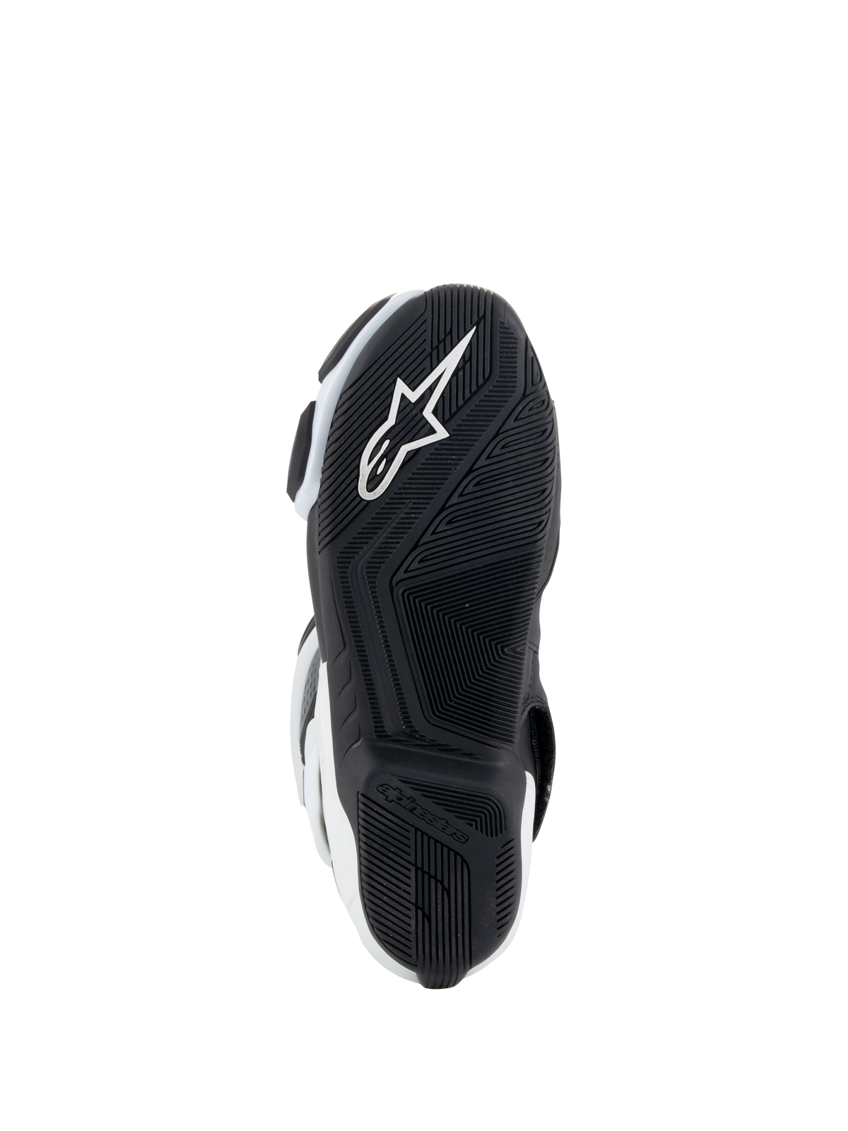 Alpinestars Stella SMX-6 V3 Drystar® laarzen, motorlaarzen voor dames, wit en zwart, zoolaanzicht met een zwarte rubberen buitenzool met een getextureerd grippatroon, geïntegreerd wit Alpinestars sterlogo en merknaam op de hiel