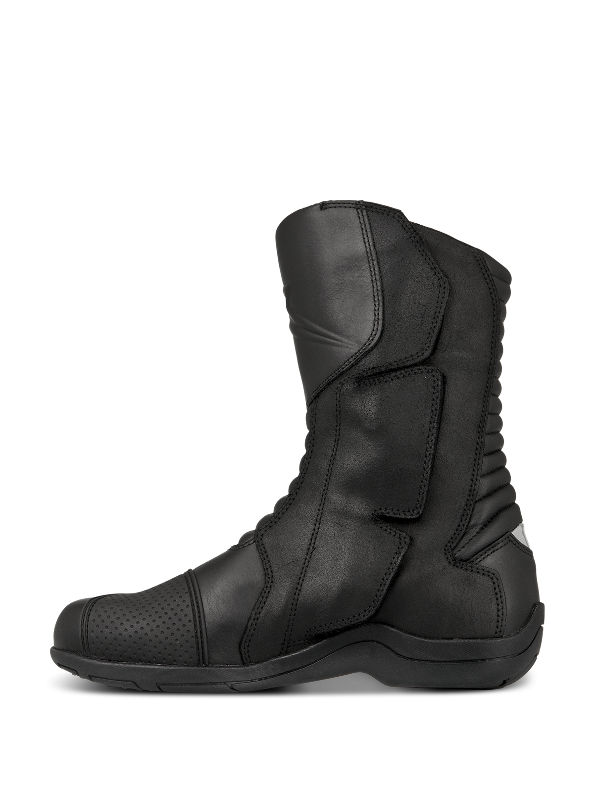 Alpinestars Web GORE-TEX laarzen, touring motorlaarzen, zwart, zijaanzicht met lederen constructie, zijdelingse instap met grote sluitklep en accordeon flexzones aan de achterzijde voor beweeglijkheid.
