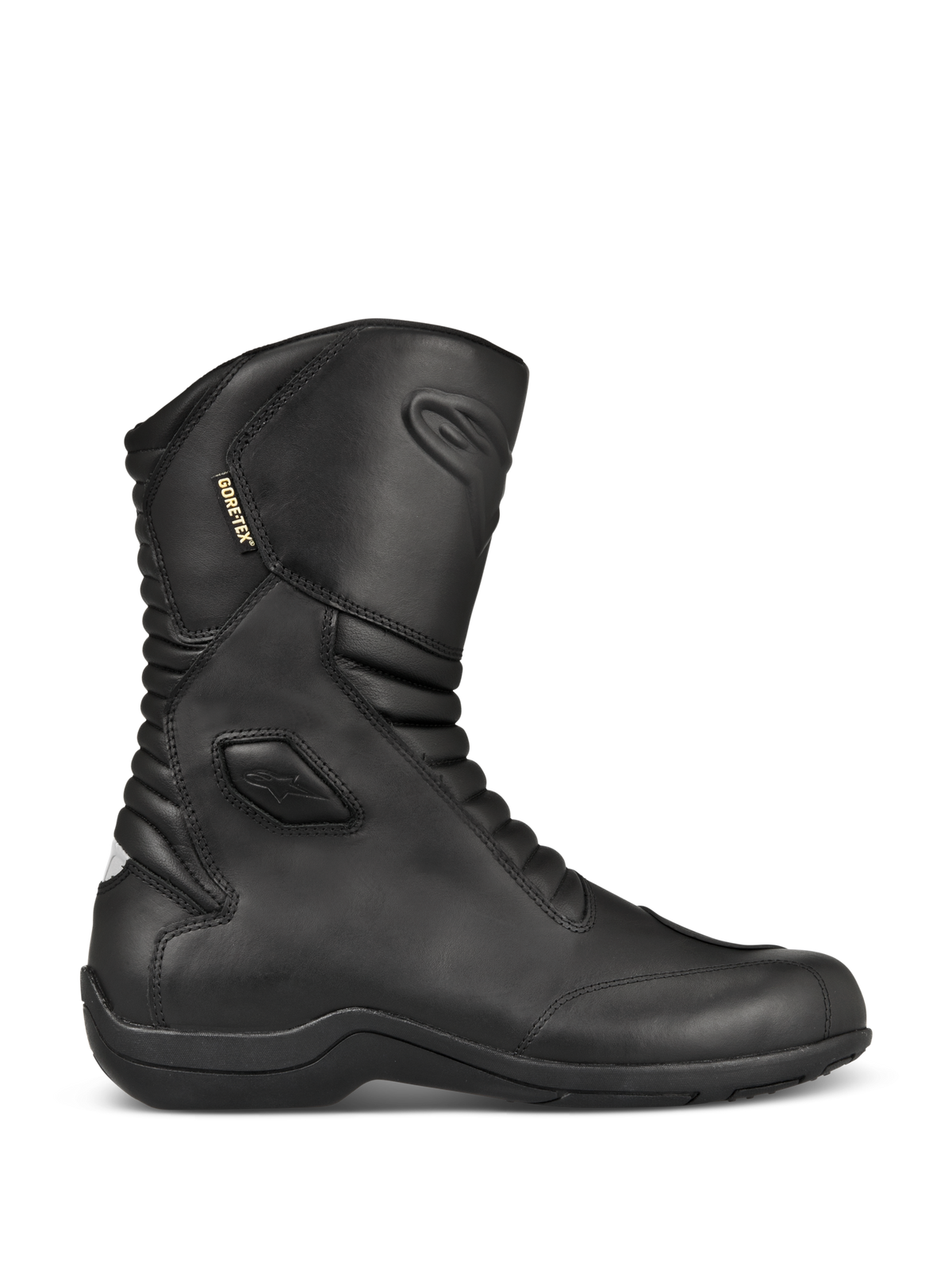 Alpinestars Web GORE-TEX laarzen, zwarte leren motor-tourlaarzen, zijaanzicht, waterdichte GORE-TEX voering, verstevigde enkel- en teenbescherming, accordeon-flexpanelen aan de voor- en achterzijde, duurzame rubberen zool, gestroomlijnde motoruitrusting voor alle weersomstandigheden